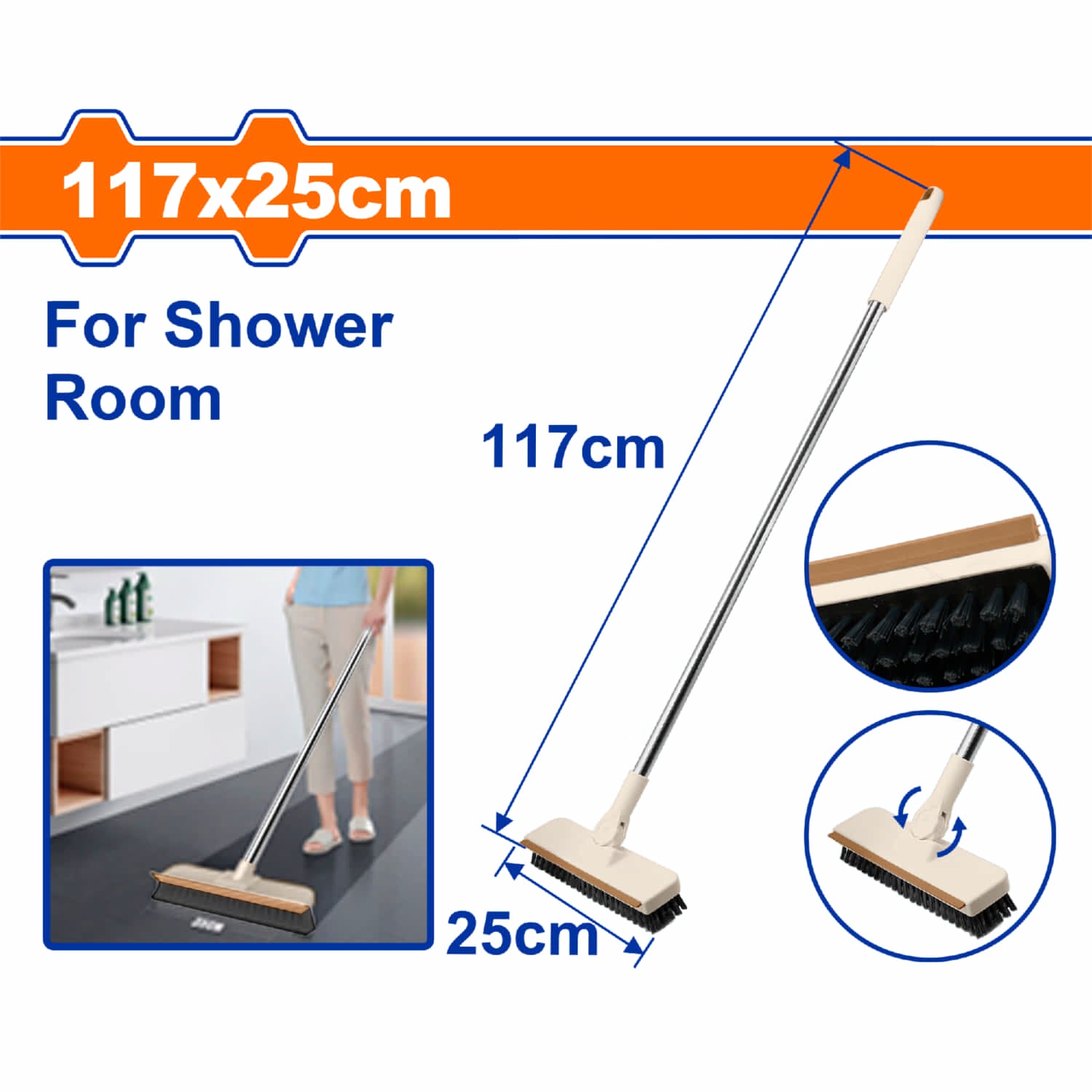 Cepillo Escoba para limpieza de pisos baño y ducha 117x25cm con cabezal giratorio. Cepillo para pulir pisos.