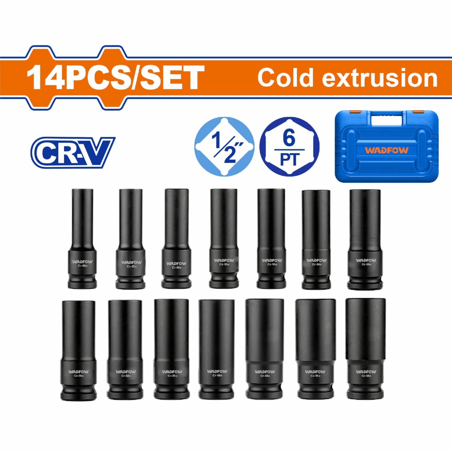 Dados de Impacto socket Largos de 14 piezas 1/2" Cr-V (10-27mm) Tratamiento térmico. Set de 14 Piezas. Juego