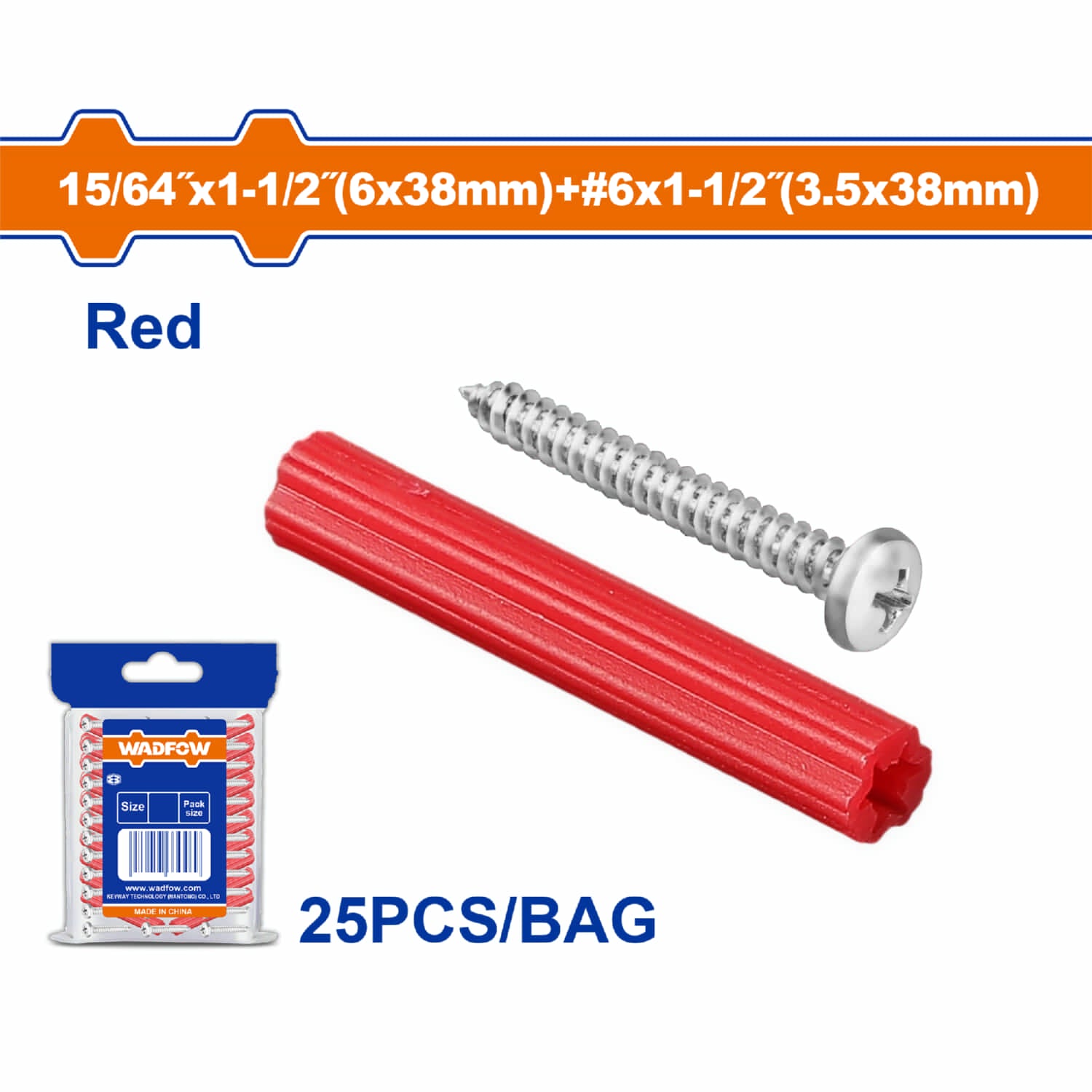 Tacos de plástico de anclaje Rojo 15/64"x1-1/2" y Tornillos #6x1-1/2" Set de 25 piezas.
