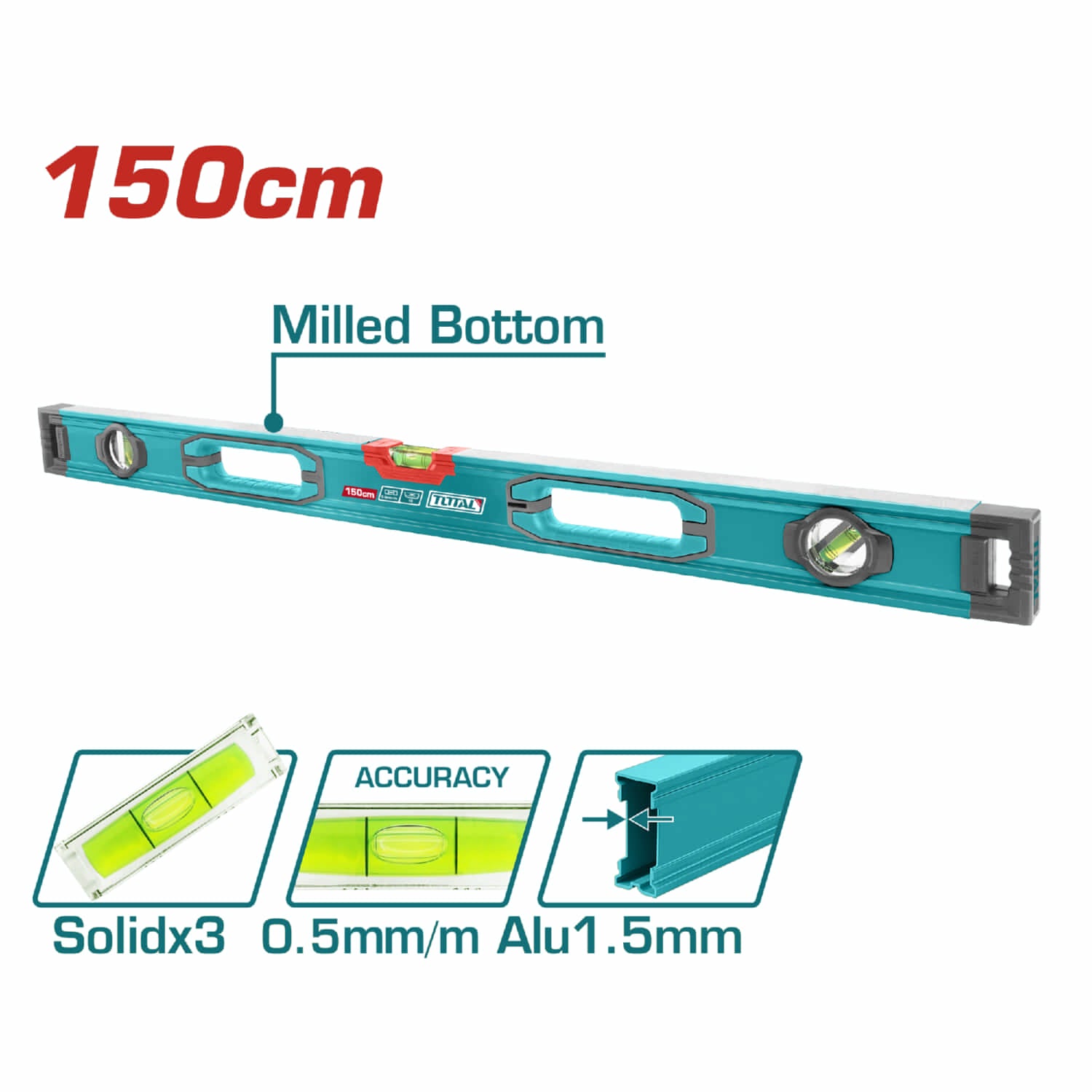 Nivel de Burbuja en forma de V para Objetos Cilindricos 150 cm. Espesor del Aluminio 1.5 mm.