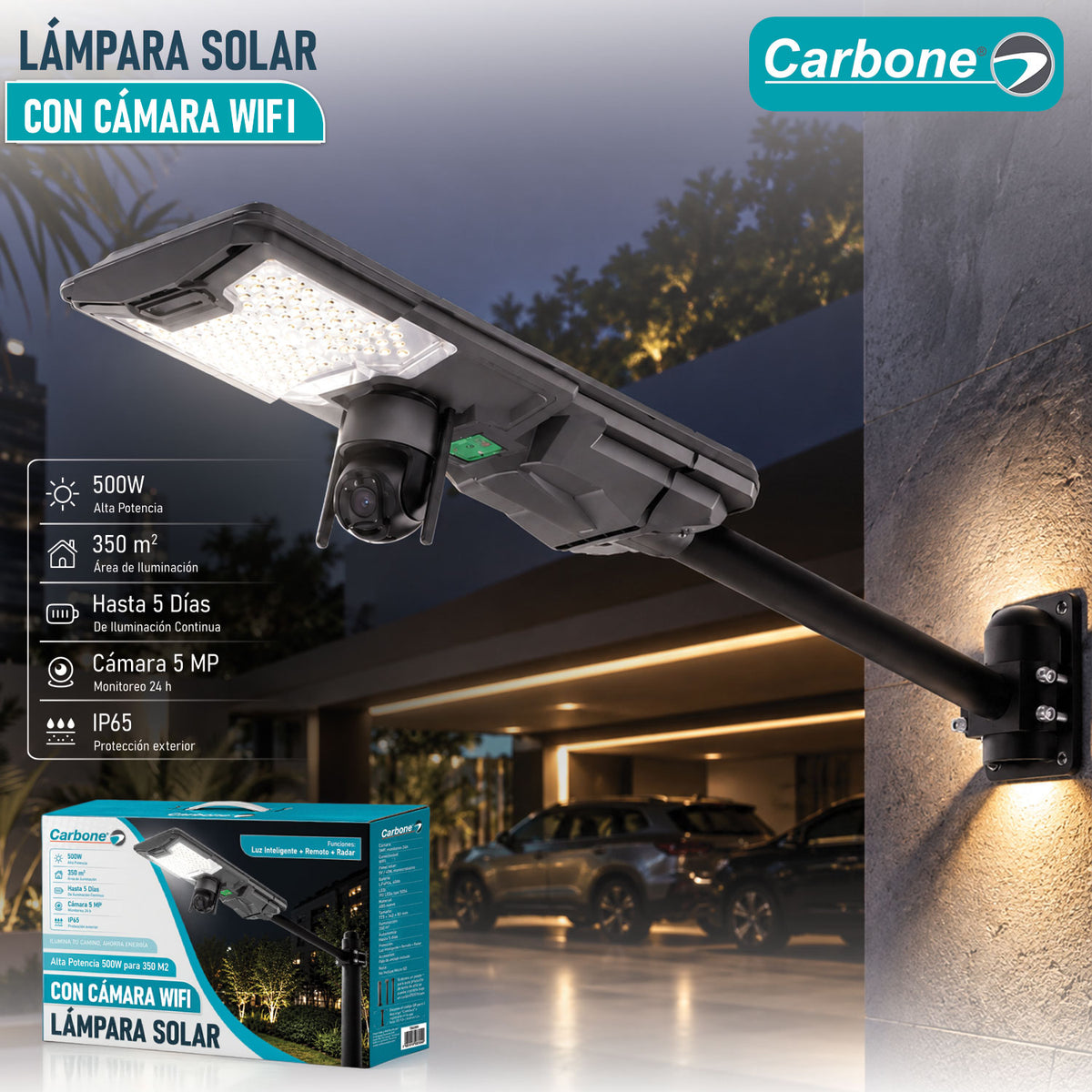 Lámpara Solar LED Exterior de 500W Con Cámara WiFi 5MP Monitoreo 24H, Control Remoto, Sensory Radar IP65 . Autonomía 5 días. Cobertura 350m² (No incluye Micro SD).