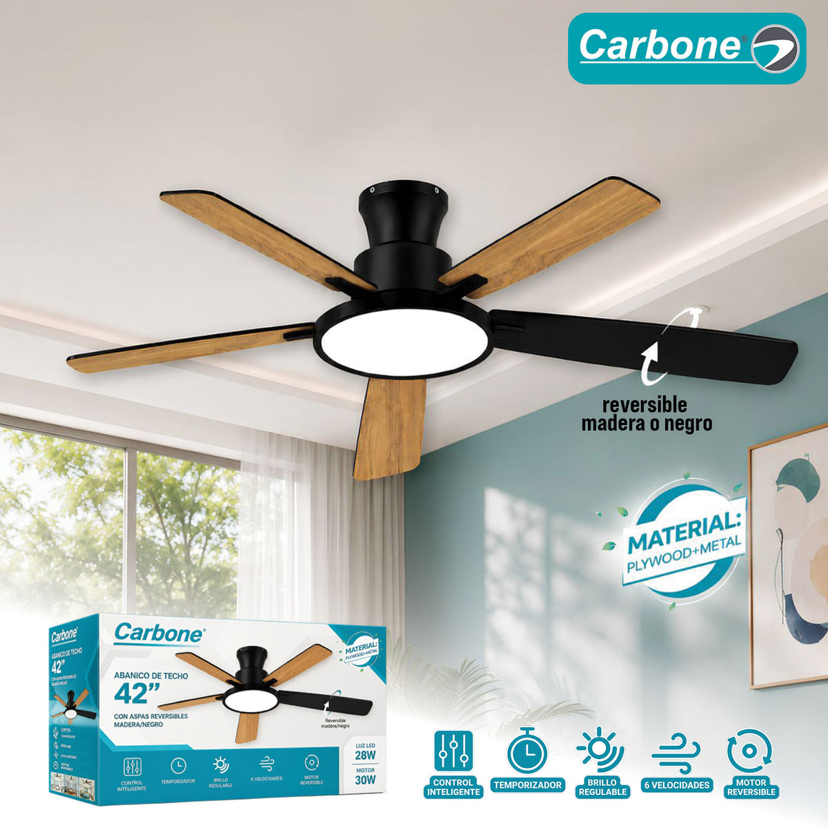 Abanico de Techo 42” con Aspas Reversibles Madera/Negro Luz LED 28W Motor 30W 6 Velocidades. Ventilador de Techo