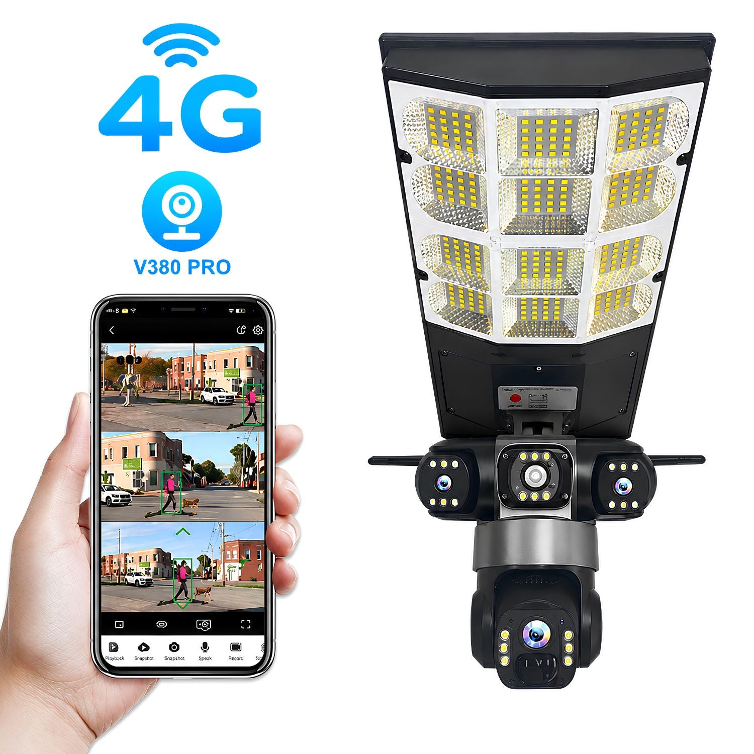 Cámara de Seguridad 4G 360° V380 Pro. Reflector Lampara Solar LED con Cámara Con Visión Nocturna. Lámpara de Videovigilancia Inteligente con Detector de Movimiento.