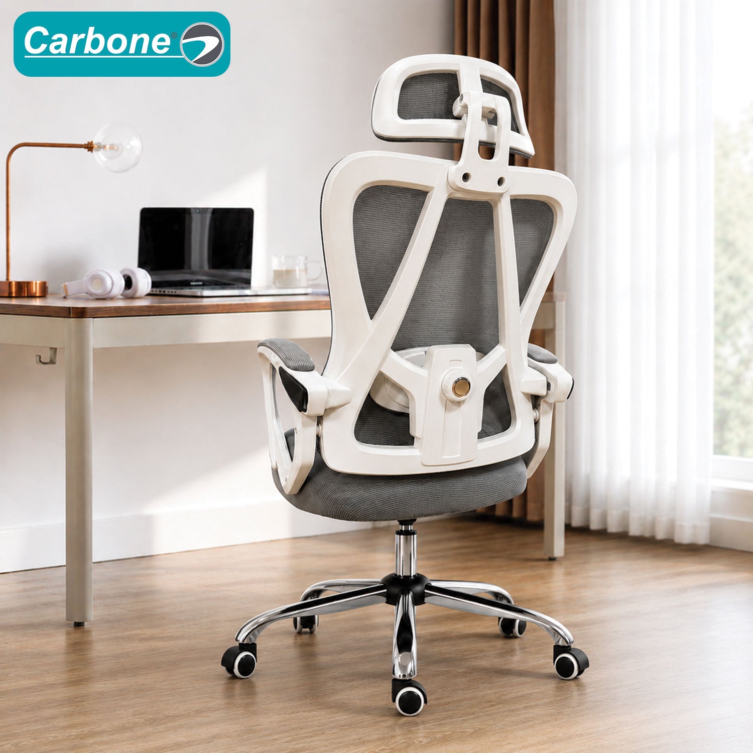 Silla de oficina ergonómica gris con respaldo de malla y apoyabrazos ajustables sin reposapiés. Cómoda silla de computadora para Escritorio.
