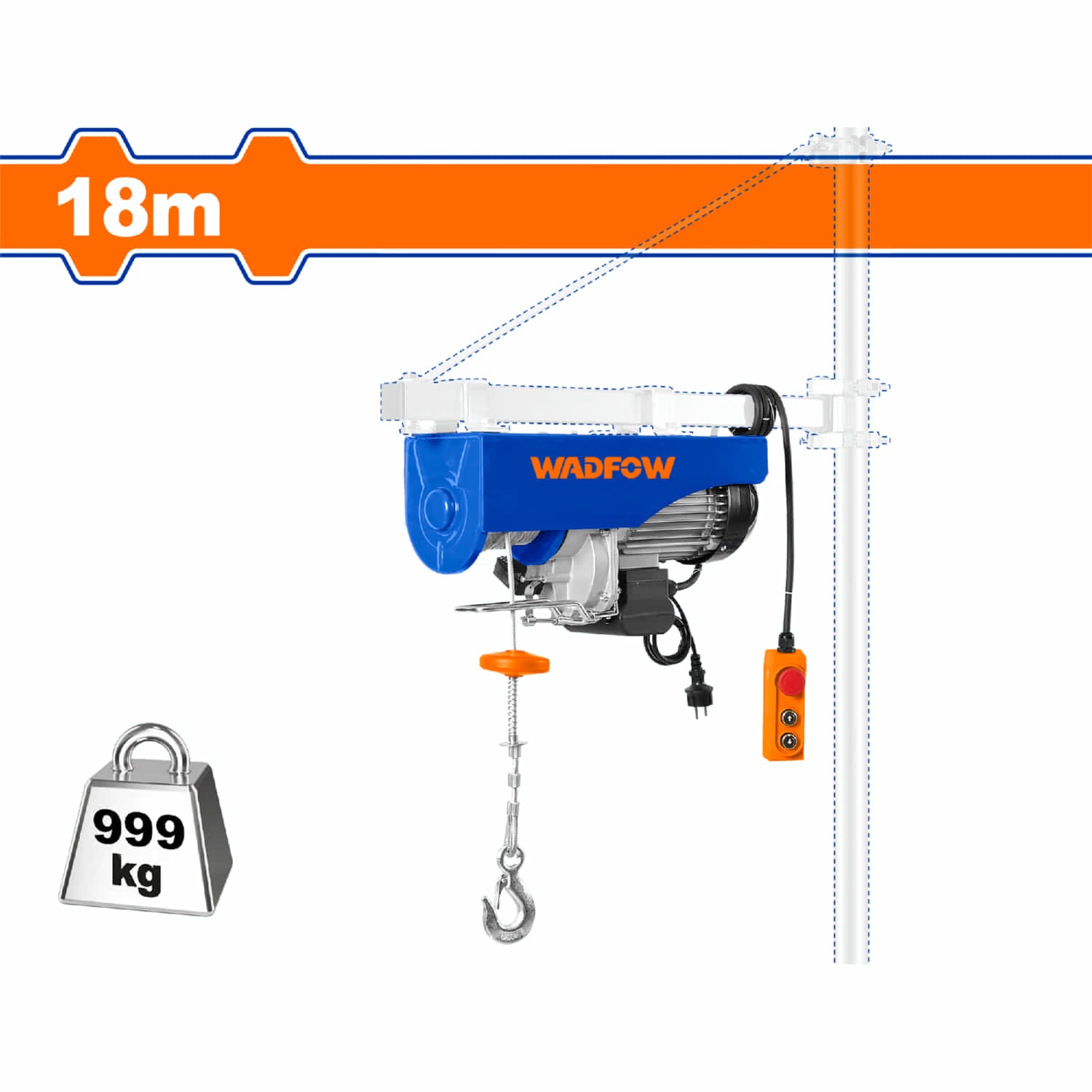 Winche Tecle Eléctrico 1600W Carga max 999Kg Elevación max 18m Velocidad 10m/min, 5m/min IP54 Polipasto Electrico grua