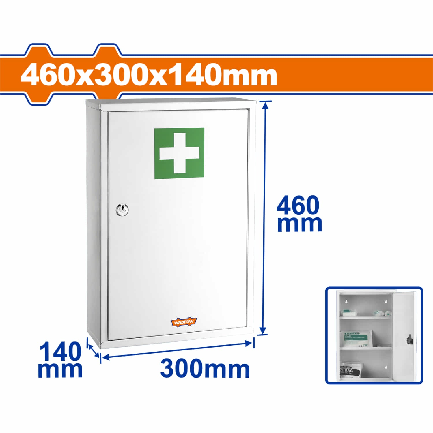 Caja Botiquín de primeros auxilios. Dimensiones externas (H*A*P): 18"x12"x5.5" (46x30x14cm) Espacio de almacenamiento: Gabinete de medicinas cuadrado con 3 compartimentos de pared.