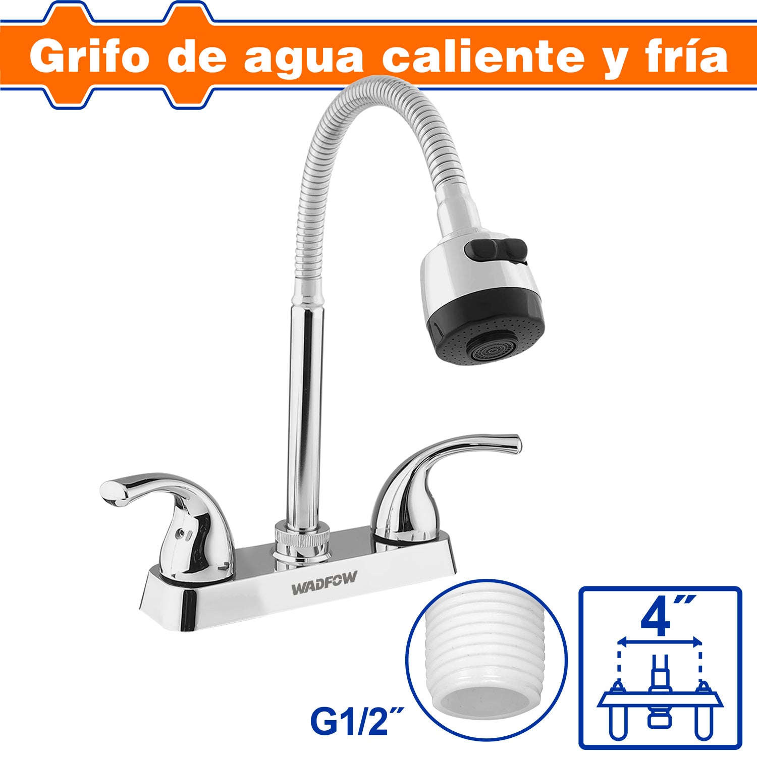 Llave para lavamanos de 4" con cuello alto flexible. Con modo agua fría y caliente. Material: ABS
