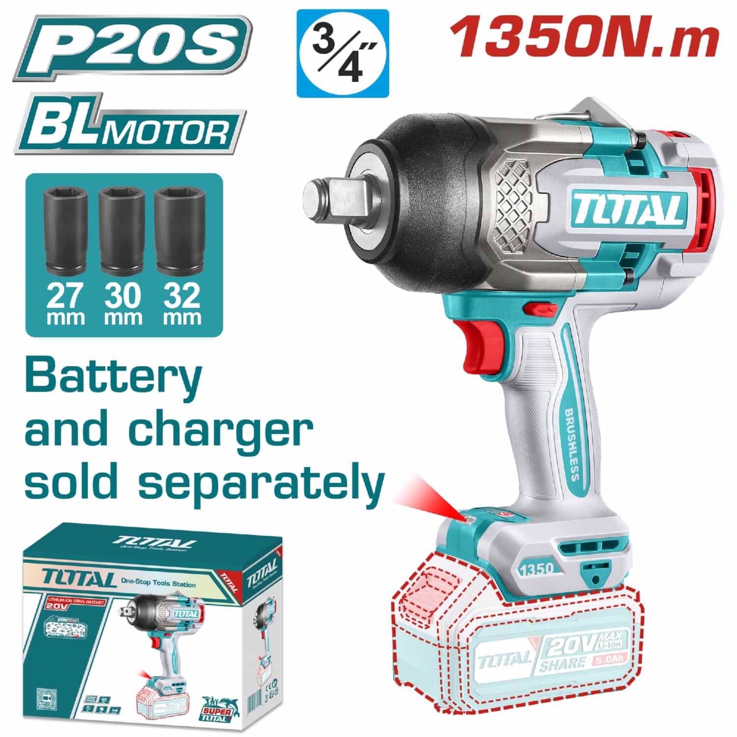 Llave de Impacto dado cuadrado 20V 3/4" Motor sin escobillas. 1350Nm Batería y cargador se venden por separado. Super Total