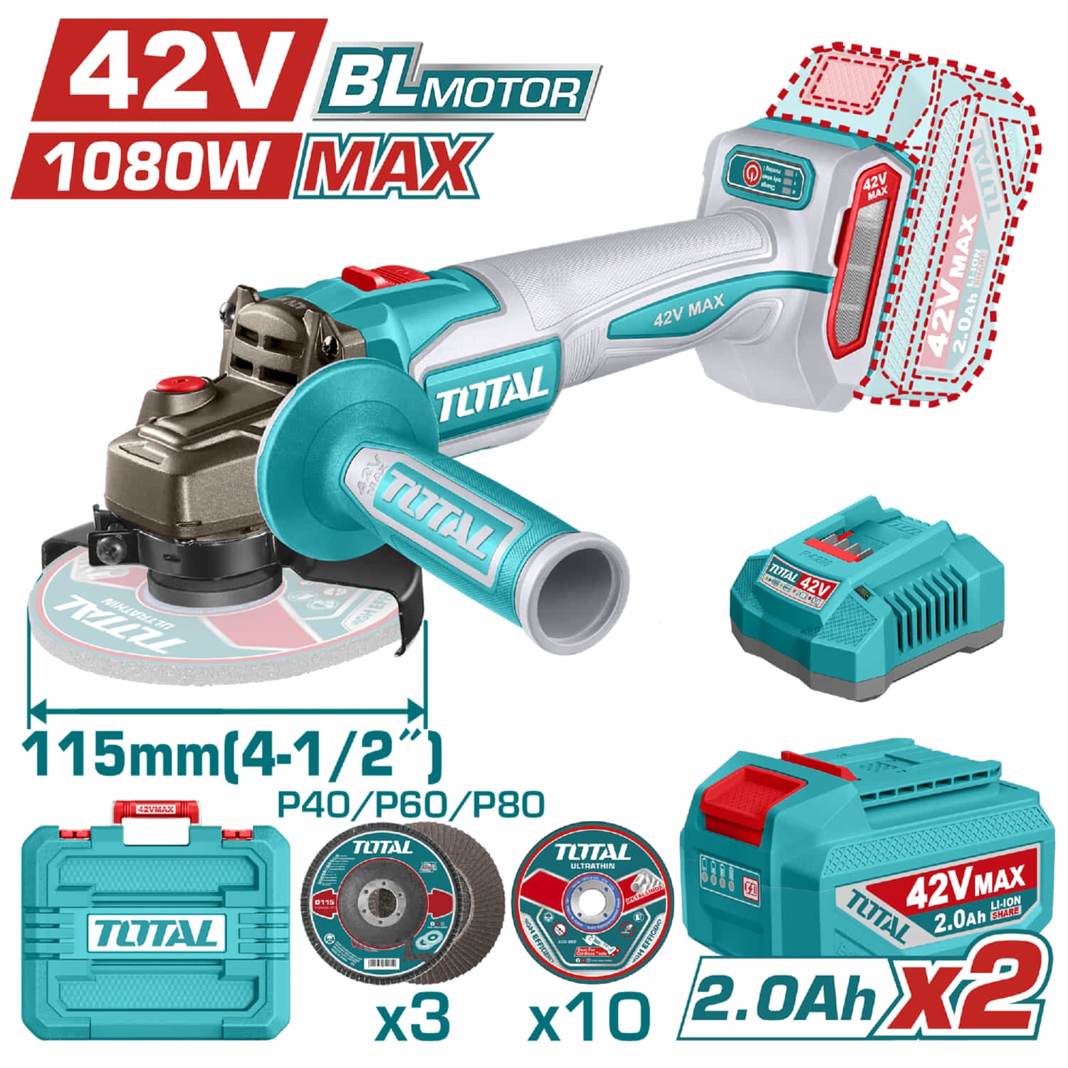 Flexible esmeriladora Inalámbrica 4 1/2” 42V Potencia de entrada: 1080W Incluye discos, batería, cargador y estuche. Esmeril angular