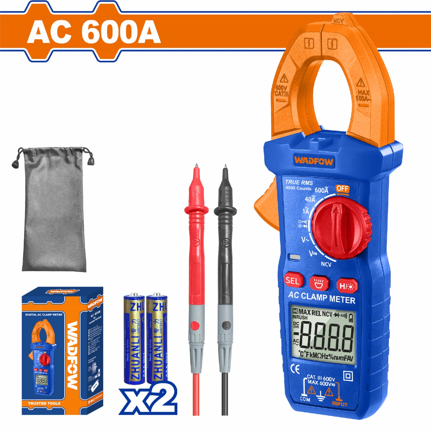 Medidor de abrazadera. Pinza amperimétrica AC 600A 4000 Dígitos. Baterías AAA. Medidor de Voltaje.