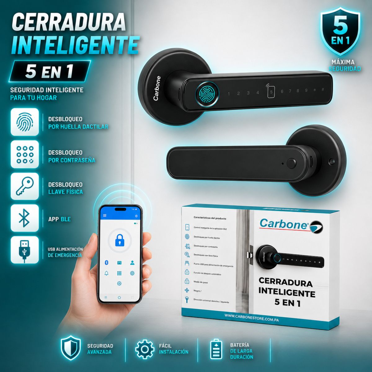 Cerradura Inteligente Manija de puerta Cerrojo Smart Lock 5 en 1 Llave Huella tarjeta contraseña Tuya app fácil de instalar