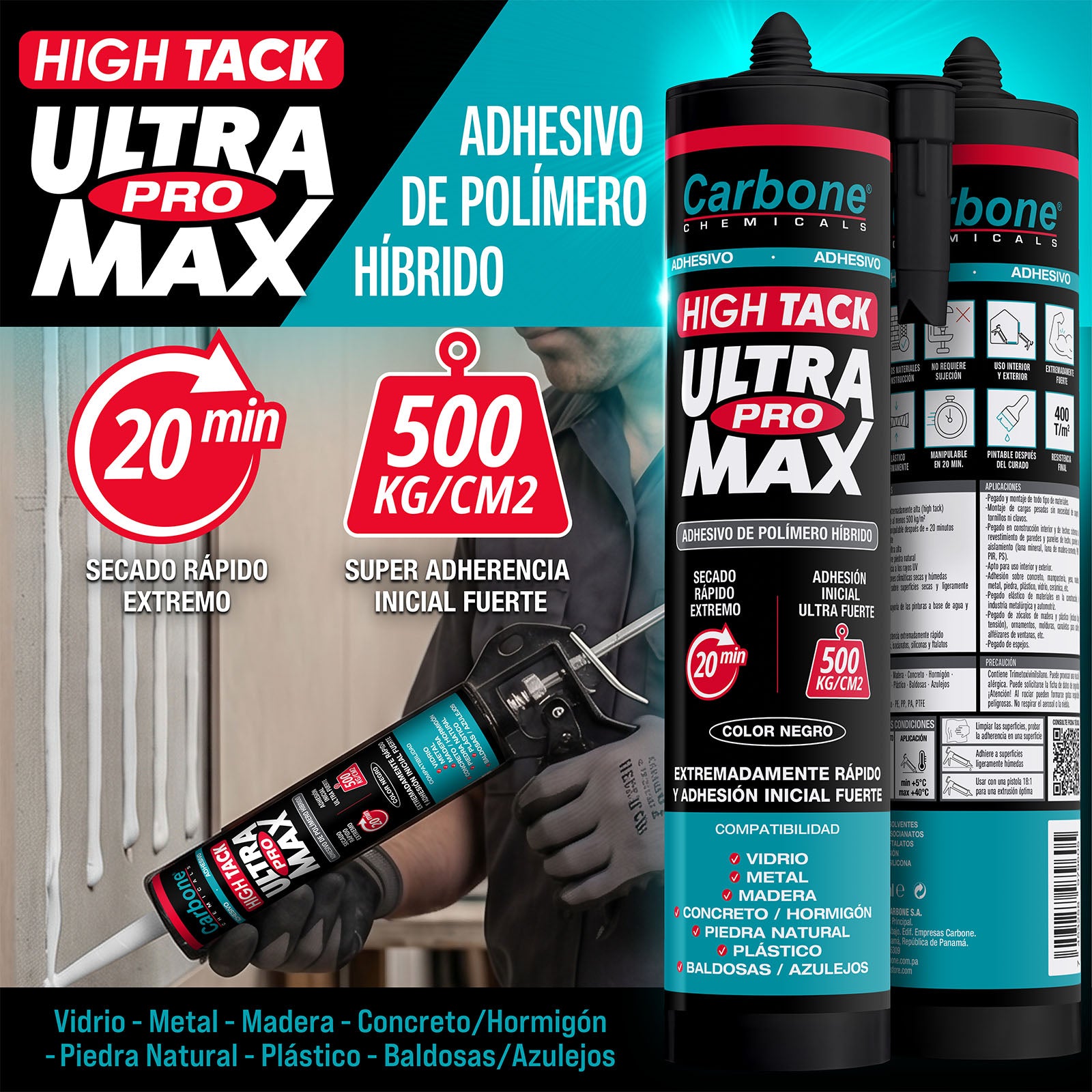 High Tack CARBONE ULTRA PROMAX Agarre inicial INMEDIATO 500 kg/m2 Viscosidad adherencia y resistencia alta NEGRO 290ml.