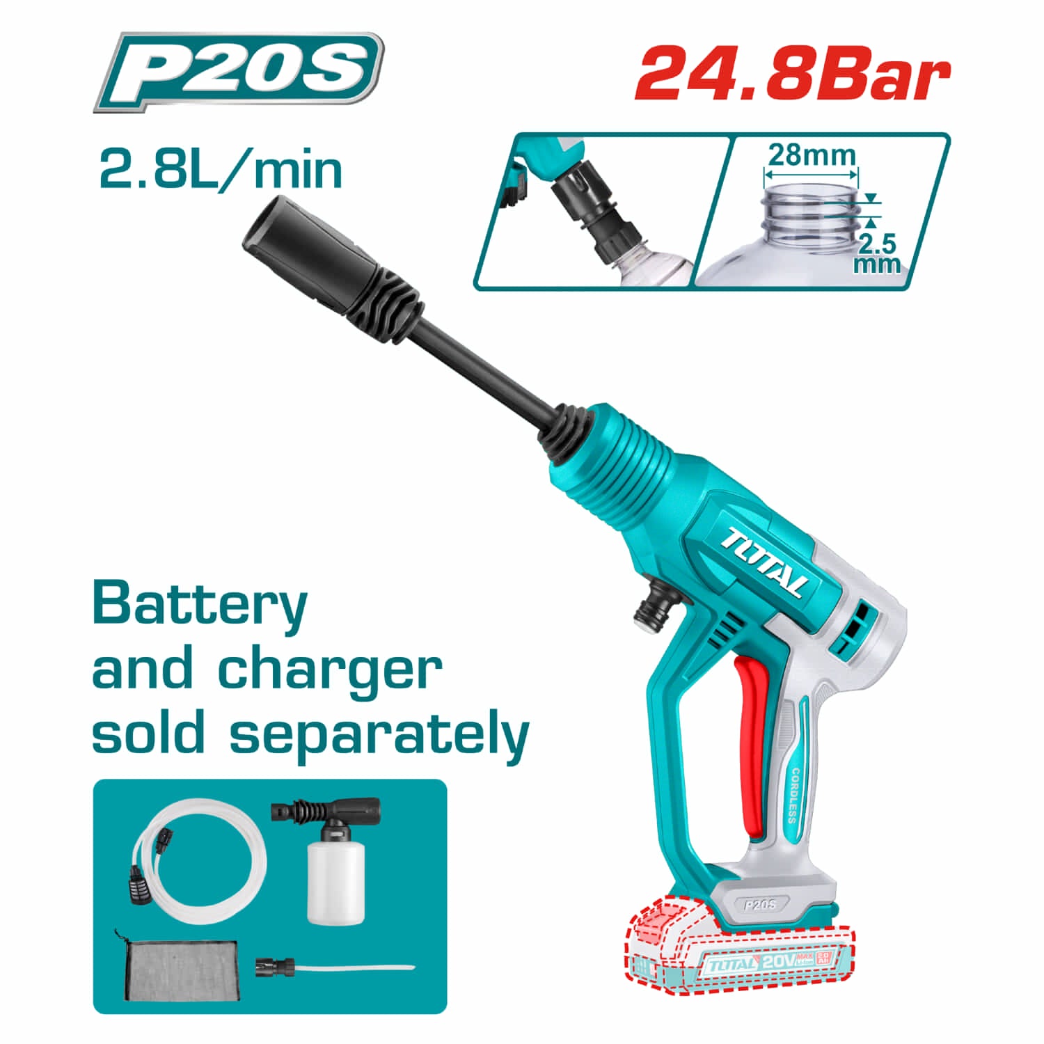 Hidrolavadora Inalámbrica 20V Portátil 24.8 Bar. Caudal 2.8L/Min. No incluye batería ni cargador.