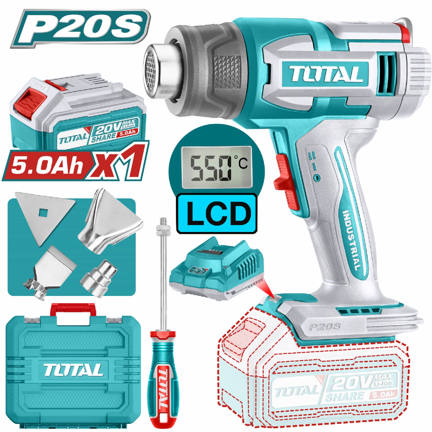 Pistola De Calor Inalámbrica. 20V. Temperatura 30-300℃/30-550°C. Pantalla LCD. Incluye Batería y Cargador y Accesorios. Blower aire