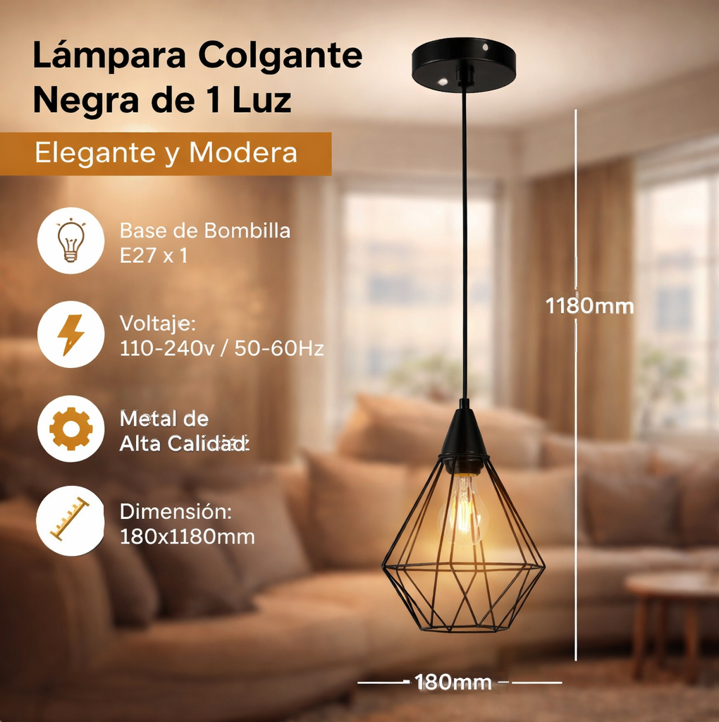 Lámpara Colgante Negra 1XE27, Metal de Alta Calidad 190x1260mm