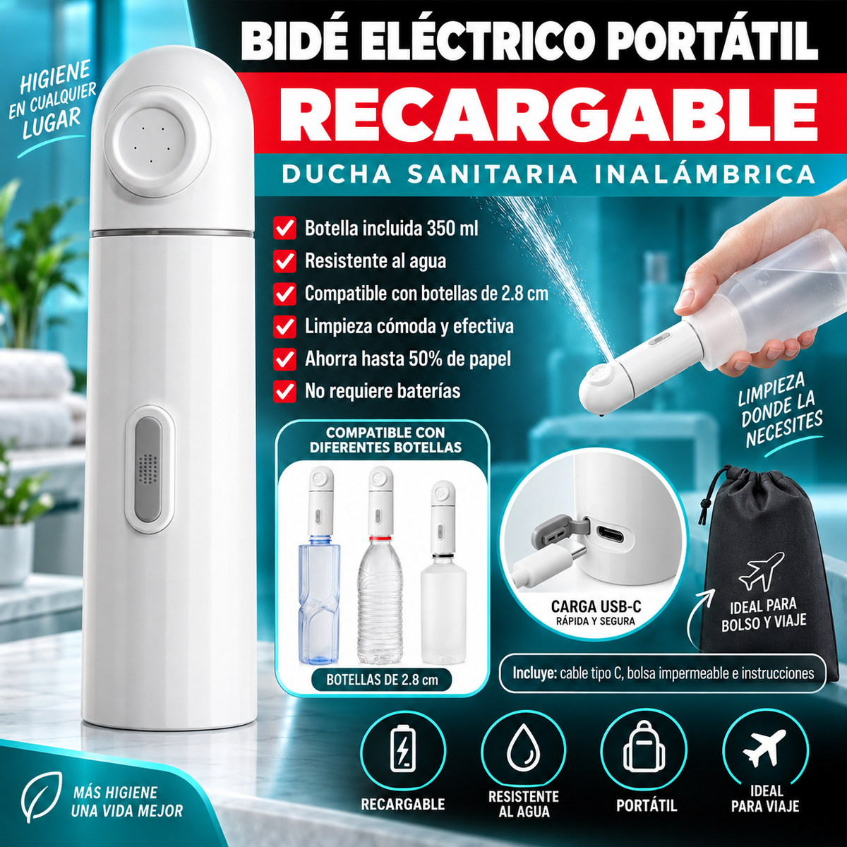 Bidé eléctrico portátil recargable con botella ducha sanitaria inalambrica