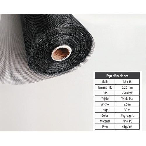 Rollo malla mosquitera negra 1.25 mts x 30 mts. alta calidad. 37.5 m2 anti uv, anti envejicimiento
