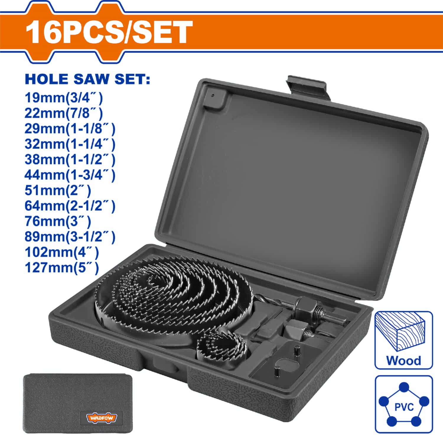 Brocas circulares sierra de orificio sacabocados de acero al carbono. Ideal para trabajos en madera. Set 16 piezas.