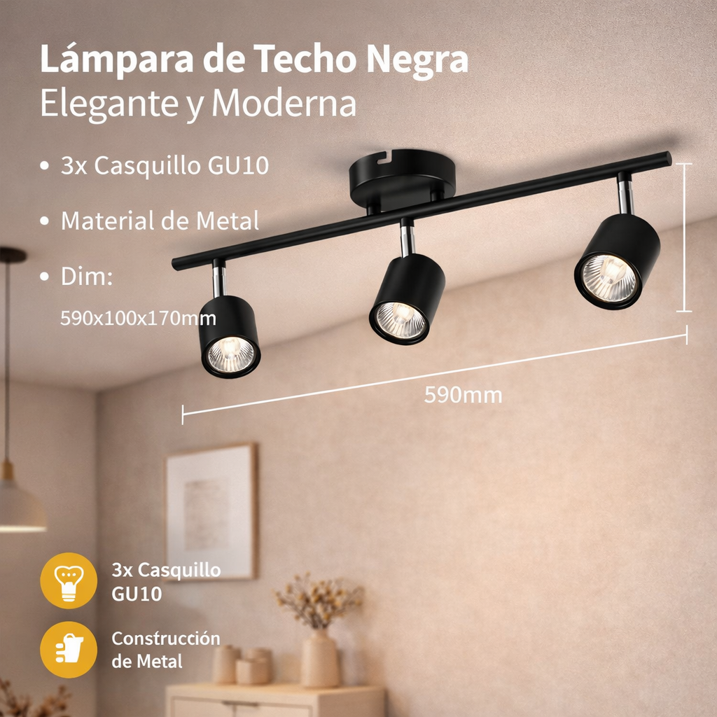 Lámpara de Techo Negra 3X GU10 Elegancia Moderna en Metal de Alta Calidad.