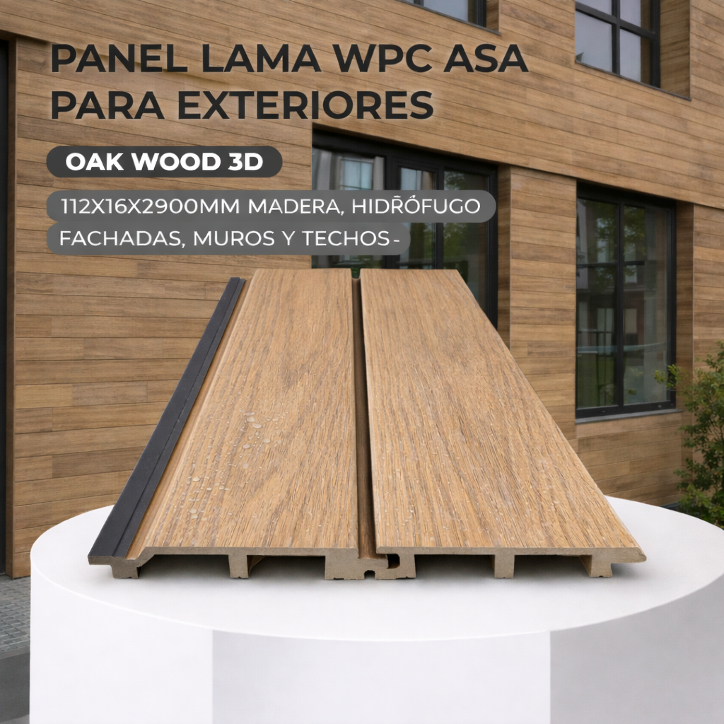 Panel Lama WPC ASA Oak wood 3D para exteriores 112x16x2900MM, Madera, hidrófugo fachadas, muros y techos