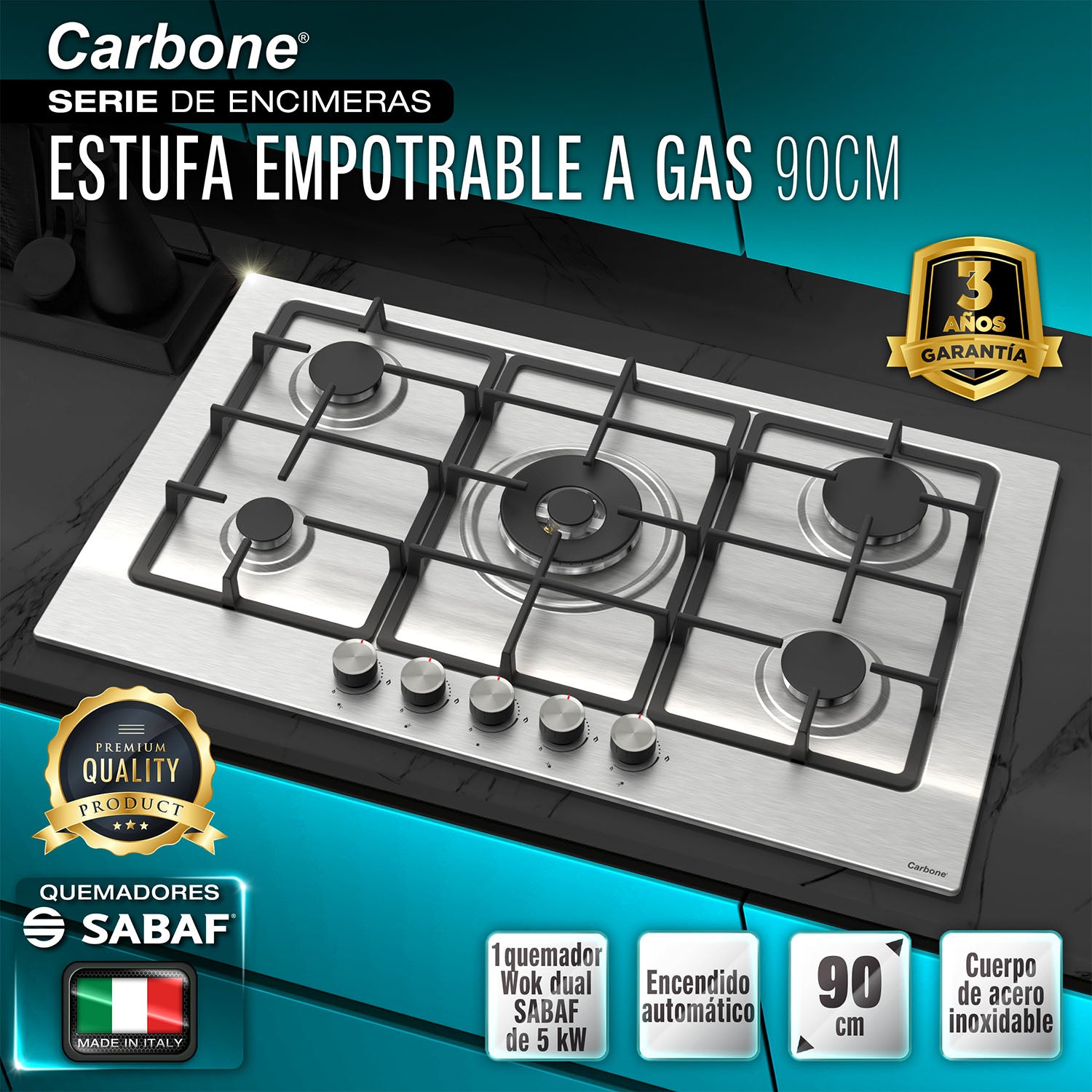 Estufa Empotrable 90 cm Elite 5 Quemadores SABAF + Wok 5kW, Acero Inoxidable, 110V