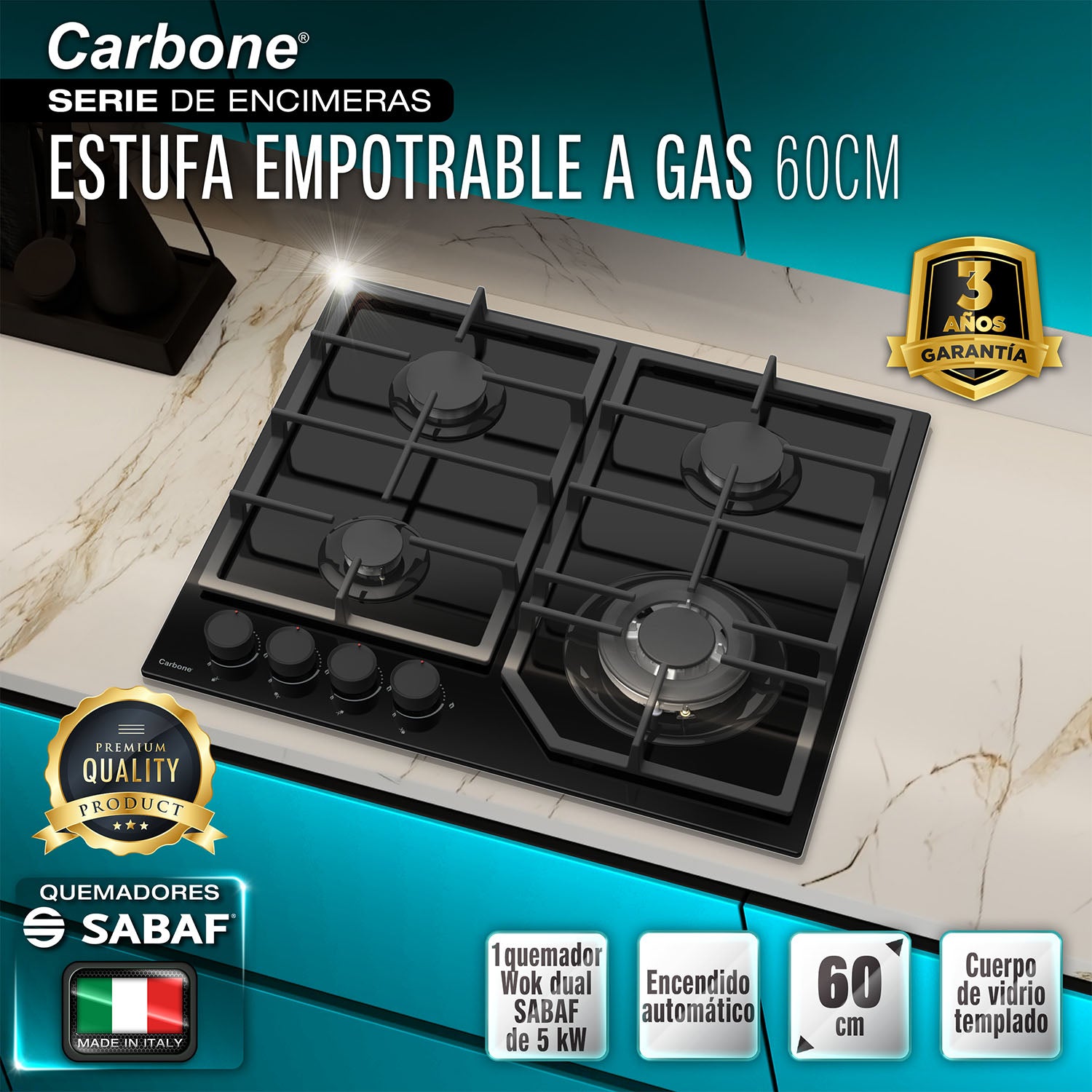 Estufa Empotrable 60cm de Vidrio Templado Negro, 4 Quemadores Gas SABAF y 1 Wok 5kW 110V
