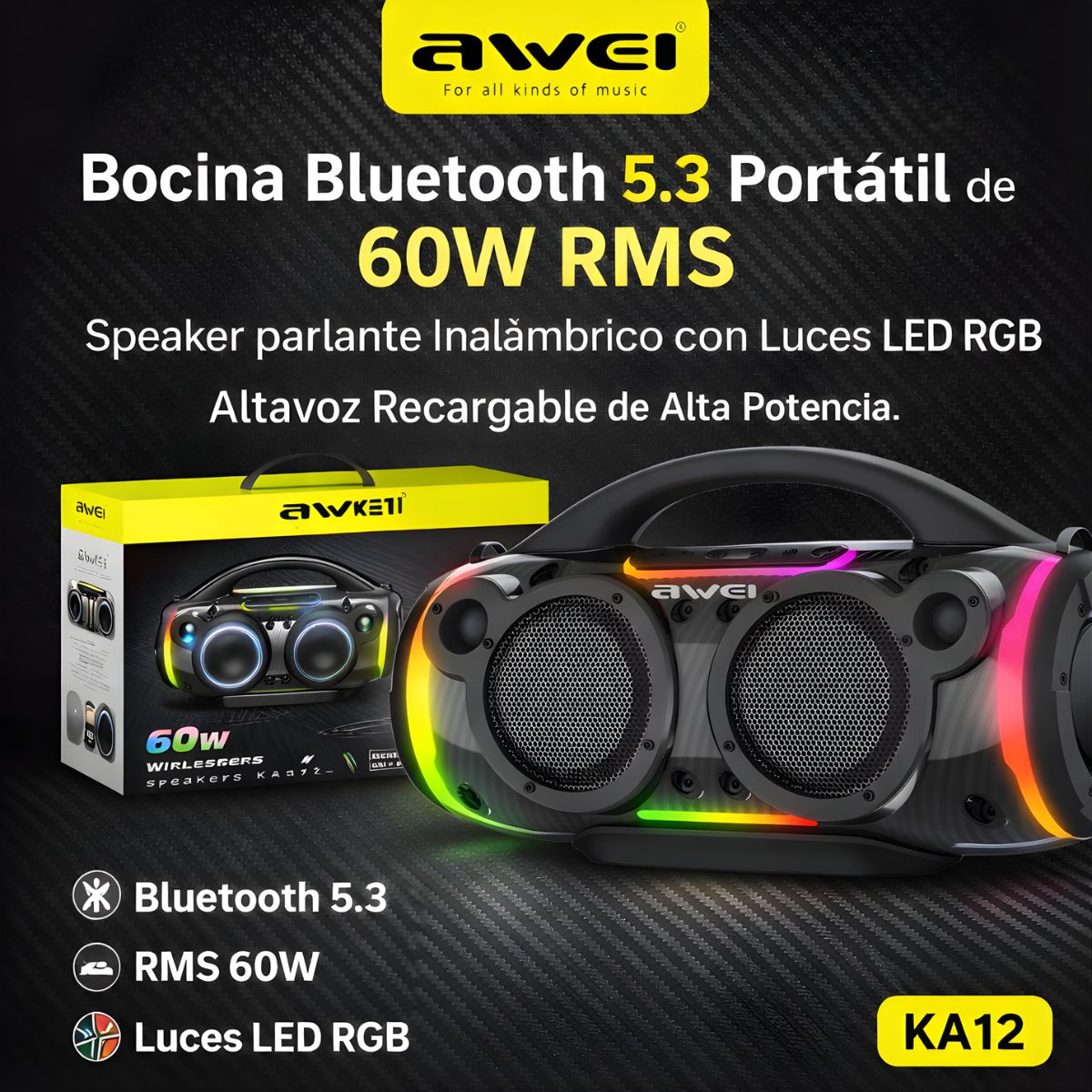 Bocina Bluetooth 5.3 Portátil de 60W RMS. Speaker parlante Inalámbrico con Luces LED RGB. Altavoz Recargable de Alta Potencia.