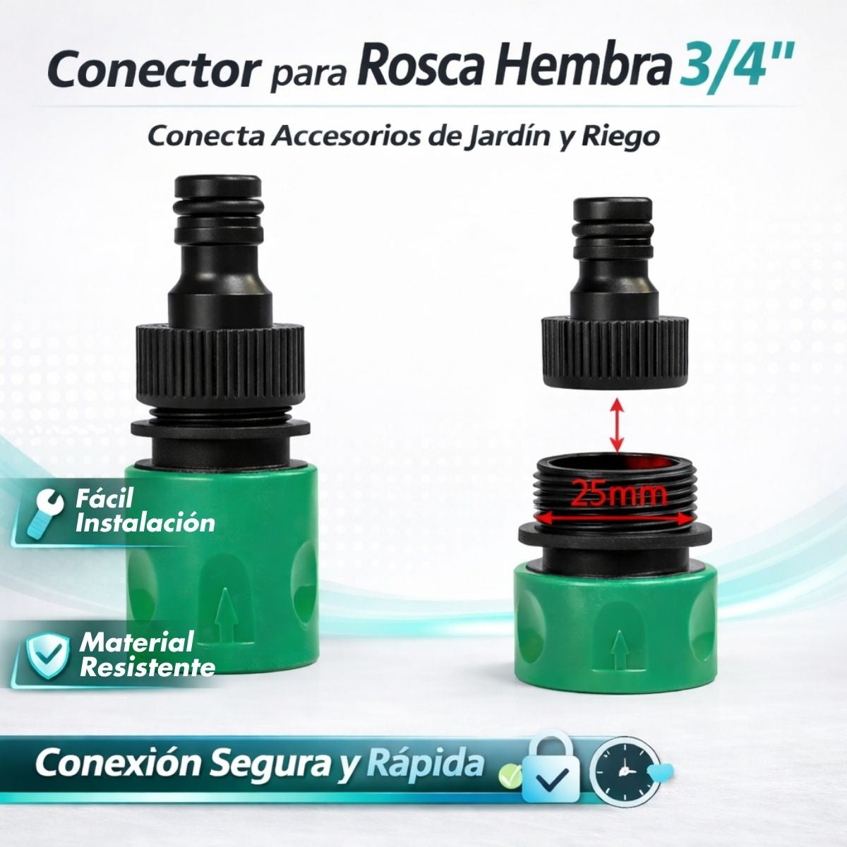 Conector Rápido para Grifo y Manguera de Jardín. Adaptador Universal de Riego, Plástico Reforzado ¾"