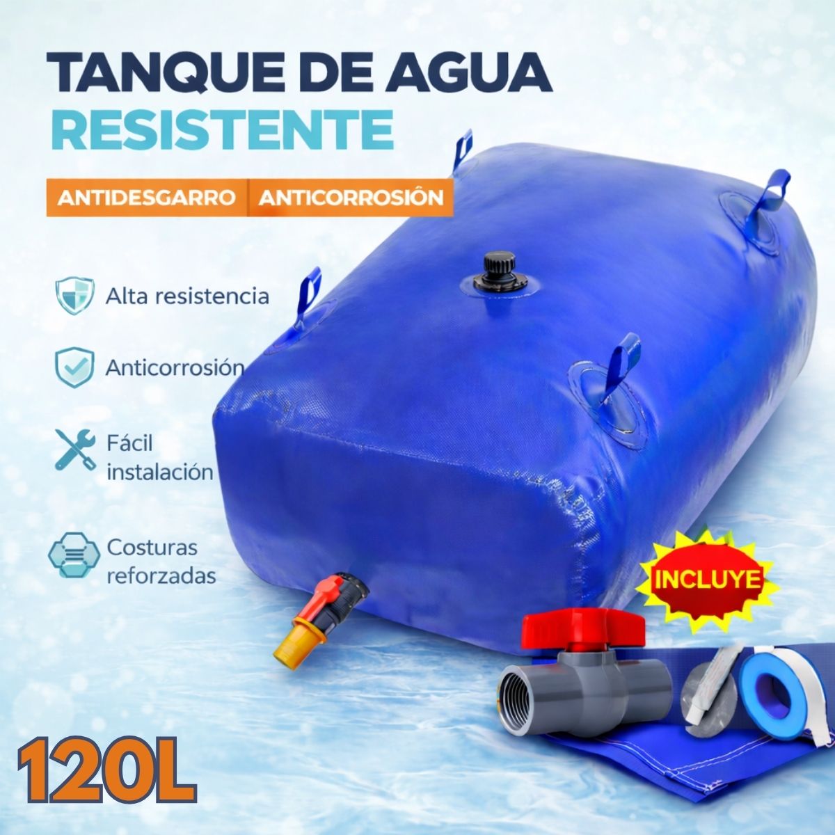 Tanque de Agua De 120L Flexible PVC Reforzado Tipo Almohada. Ideal Para Riego Agrícola y Almacenamiento. Bolsa Plegable Portátil (0.8x0.45x0.35M). Cisterna Portátil.