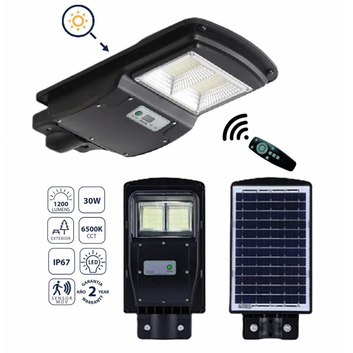 Lámpara Solar LED 30W de Calle con Sensor, 1200 lm, 6500K Fría: Eficiencia Brillante. Luminaria