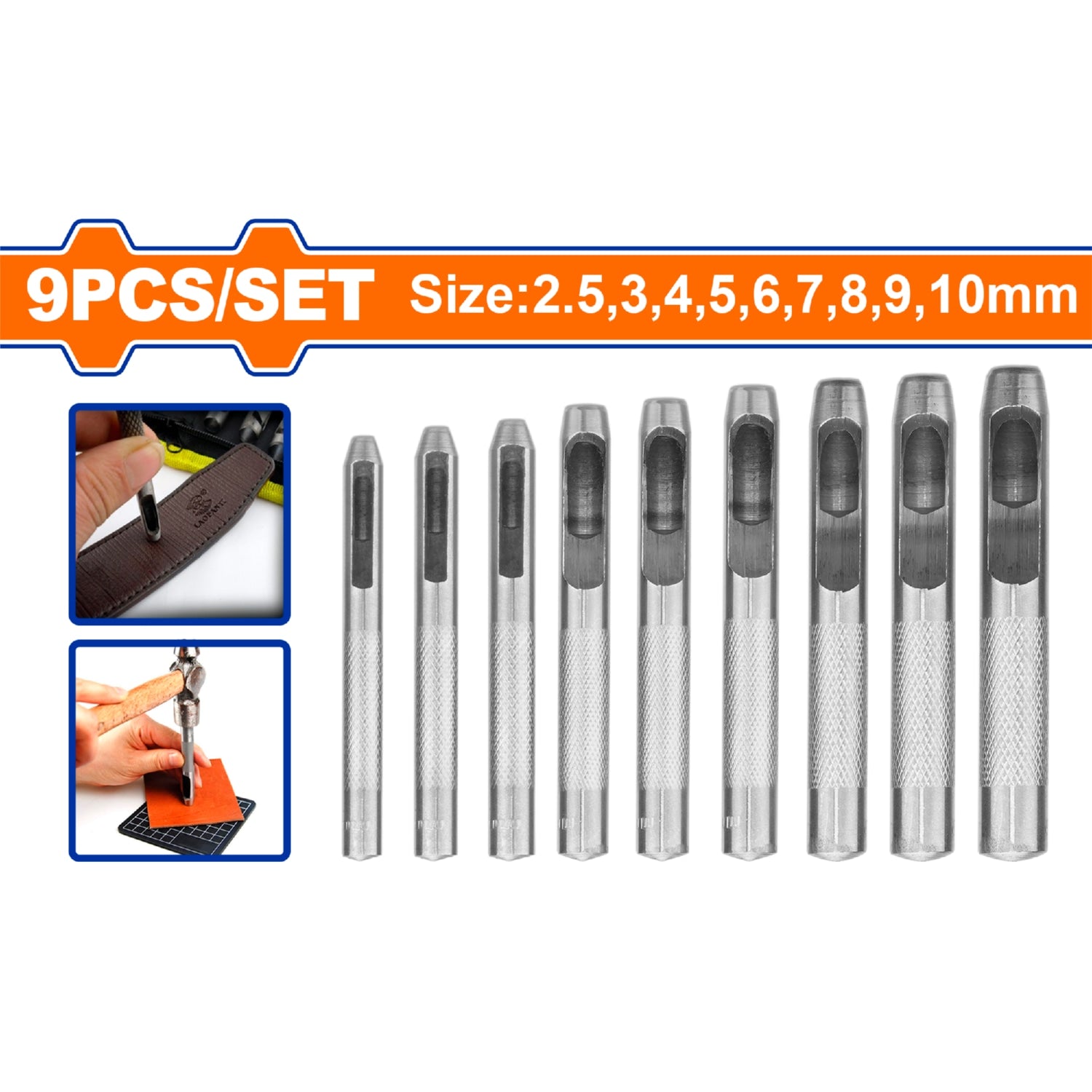 Punzones huecos para perforar orificios. Set 9 piezas. Forjado. Ideal para cuero, plástico, etc.
