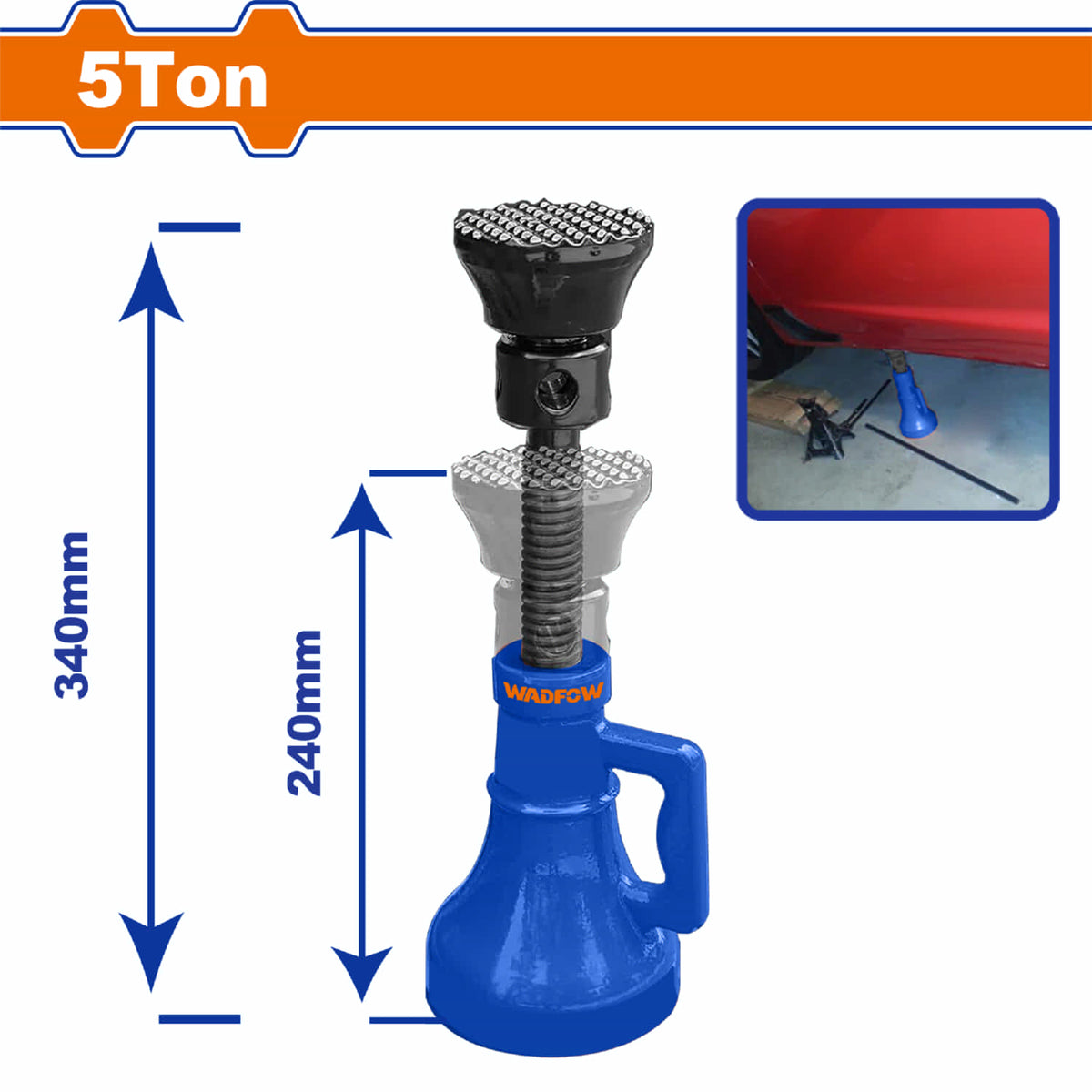 Gato de Soporte 5 Ton. Alt. Min: 240mm. Alt. Max: 340mm. Peso Neto: 4.2Kg. jack stand