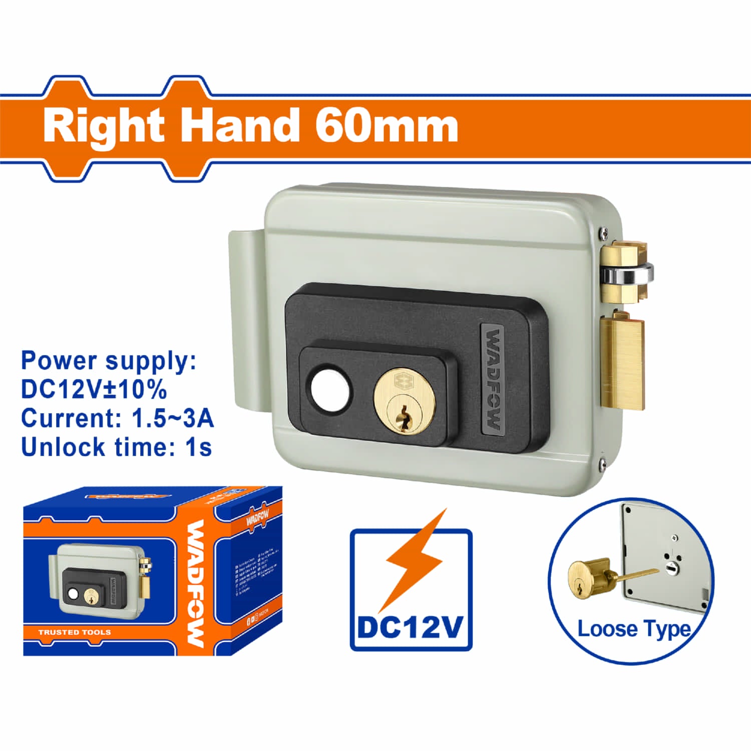 Cerradura eléctrica atornillar DC12v±10% 1. 5~3A cilindro suelto lado derecho 60mm. Incluye 3 llaves.