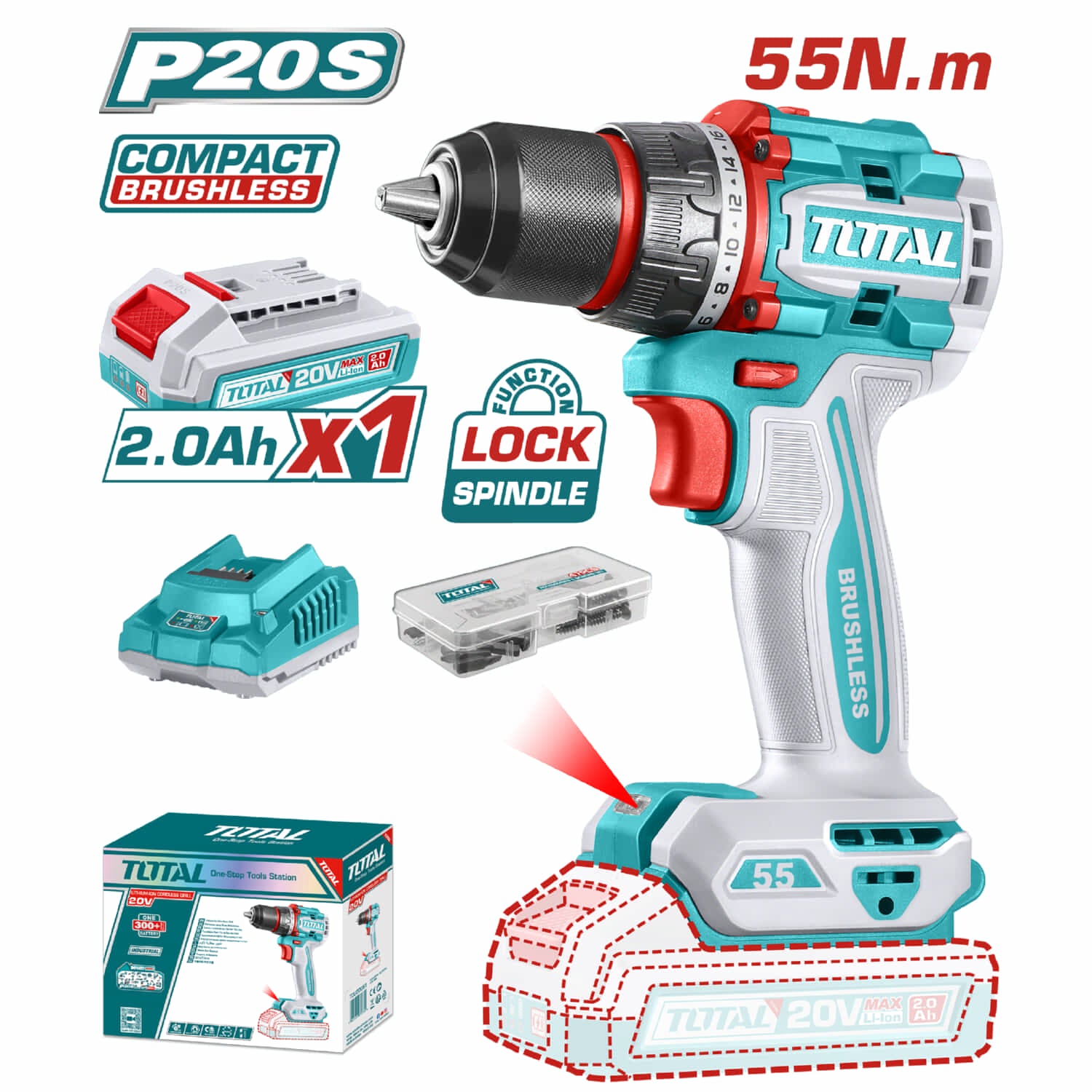 Drill Taladro Inalámbrico. Función de bloqueo de eje 20V 55N.m. Motor sin escobillas. Incluye Batería, Cargador y 47 accesorios.