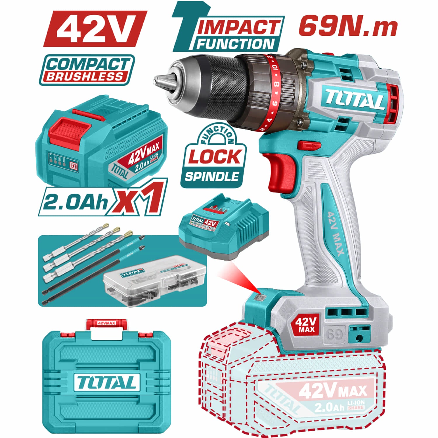 Drill Taladro Inalámbrico 1/2” 42V Función de Impacto. Motor sin escobillas. 69Nm. Incluye Batería y Cargador.