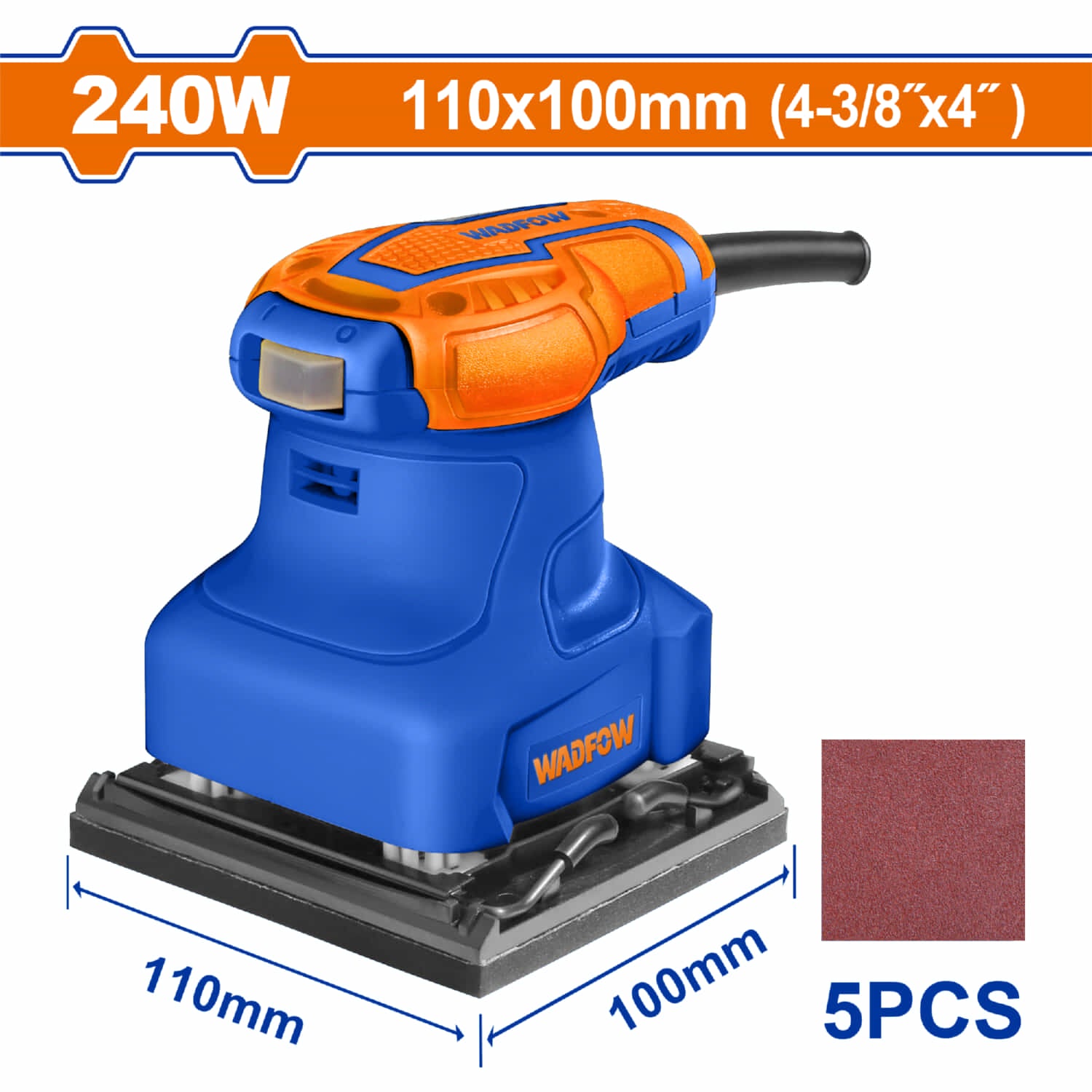 Lijadora de mano eléctrica 240W Velocidad sin carga 14000rpm 110-120V. Base 4-3/8"x4". Incluye 5 hojas de papel para lijar. Lijadora de palma cuadrada