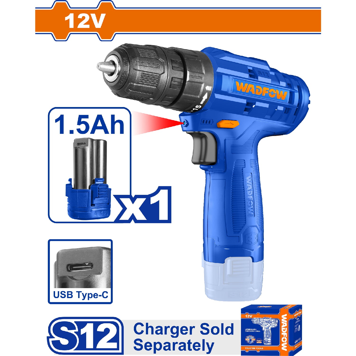 Taladro Inalámbrico 12V. 0.8-10mm 20Nm 0-750rpm Incluye batería. Cargador por separado.