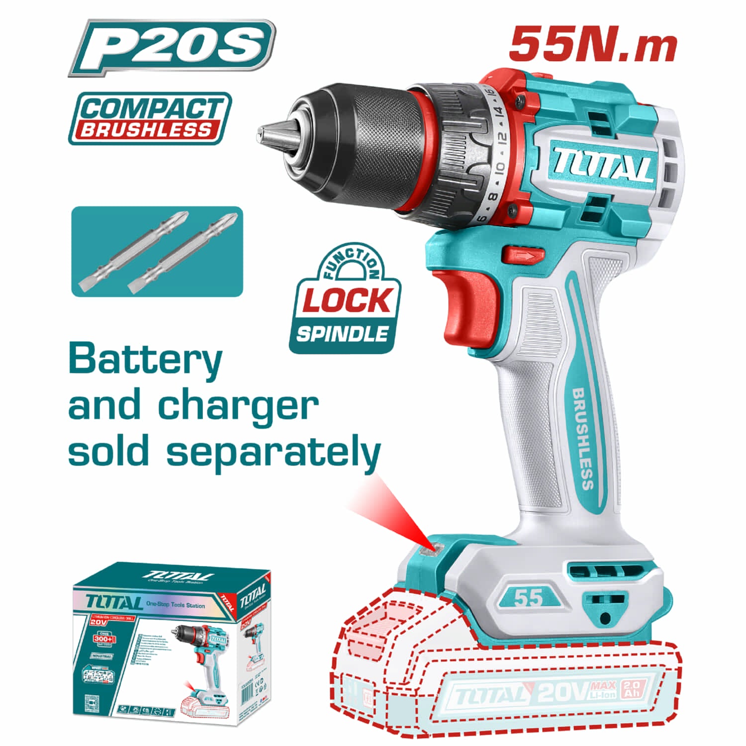 Drill Taladro Inalámbrico. Función de bloqueo de eje 20V 55N.m. Motor sin escobillas. No Incluye Batería Ni Cargador.