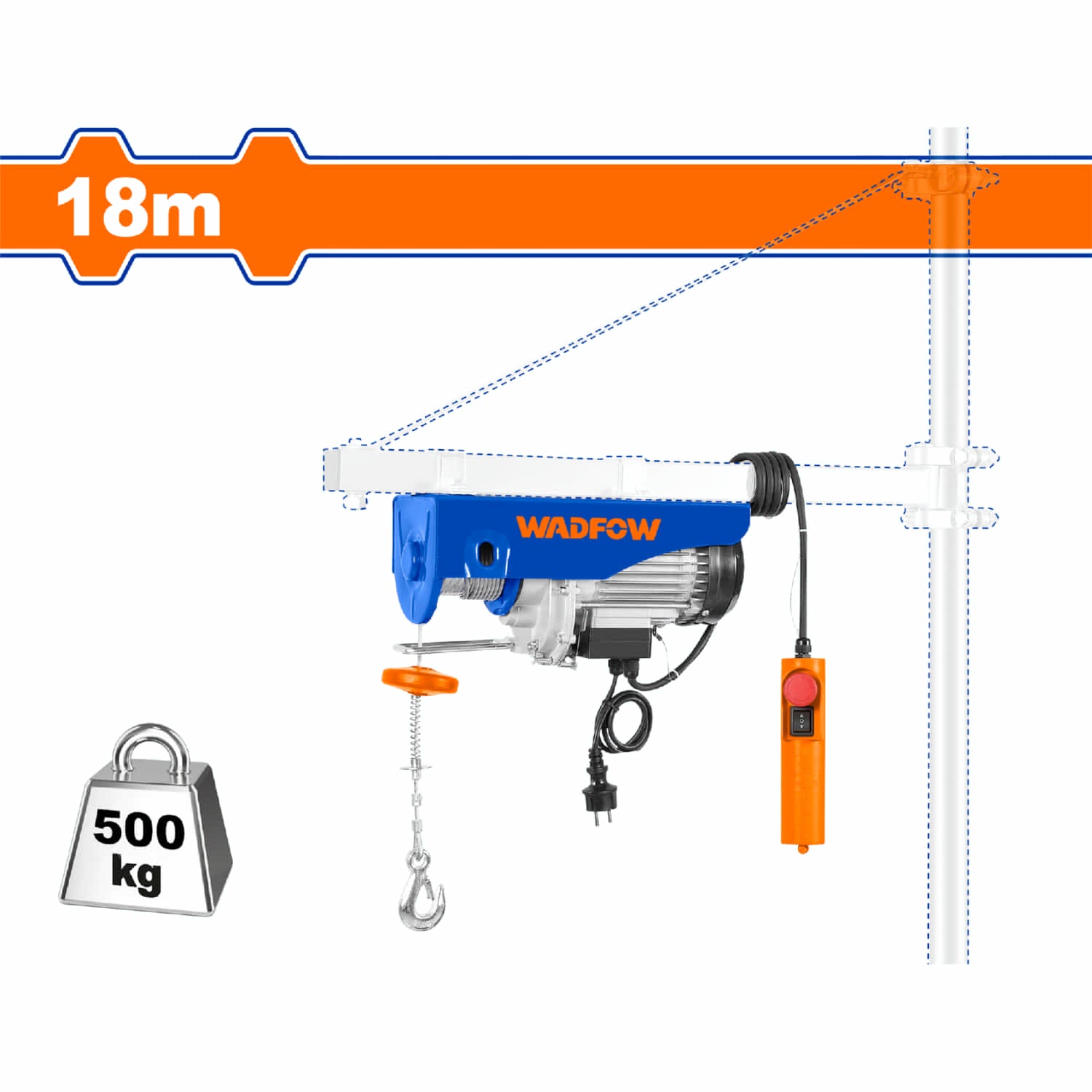 Winche Tecle Eléctrico grua 1000W Carga max 500Kg Elevación max 18m Velocidad 10m/min, 5m/min IP54 Polipasto Electrico
