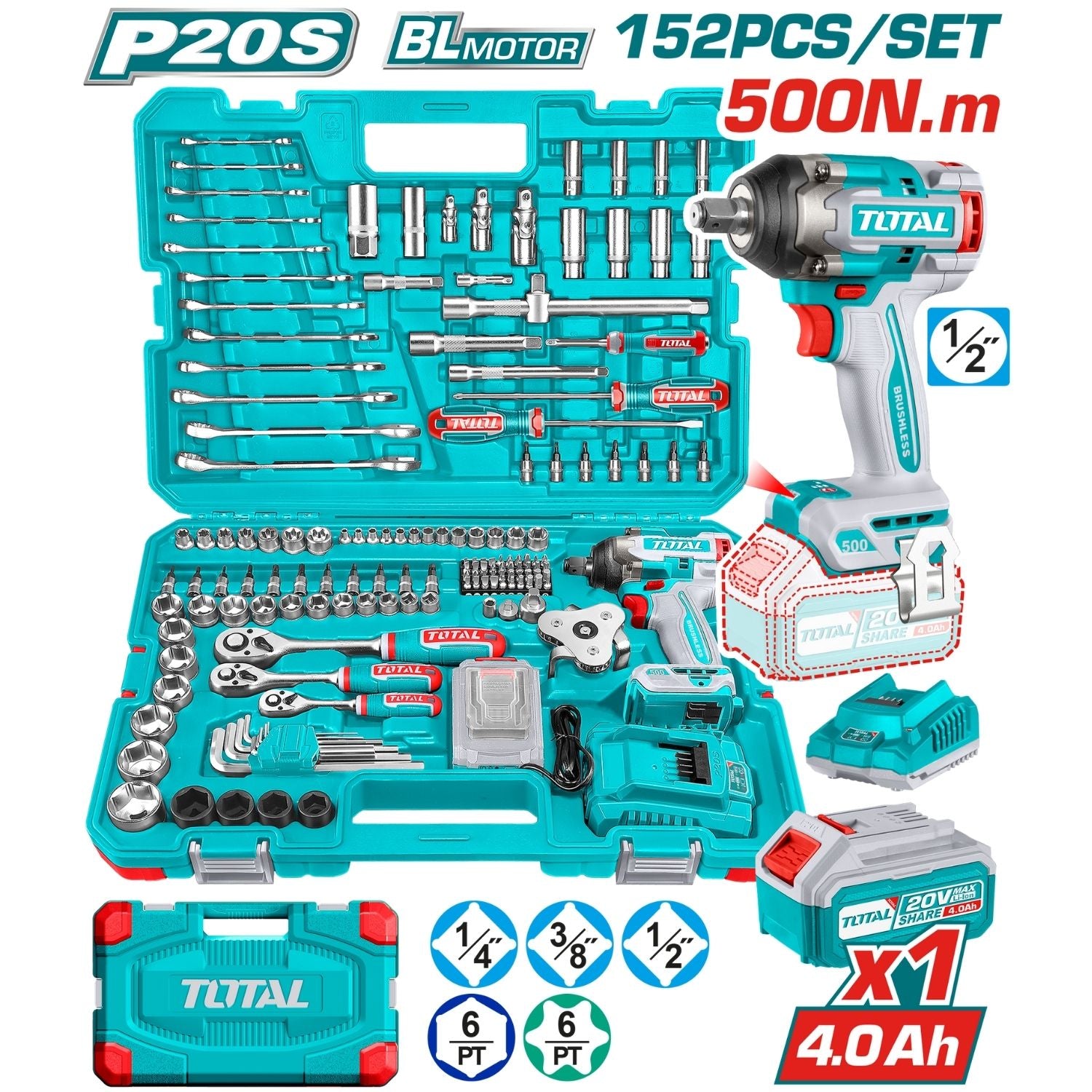 Combo del mes Total 20V Llave de Impacto Dado Cuadrado 1/2" 500Nm. Set de Herramientas 152 piezas. Batería 4.0Ah y Cargador POCAS UNIDADES.