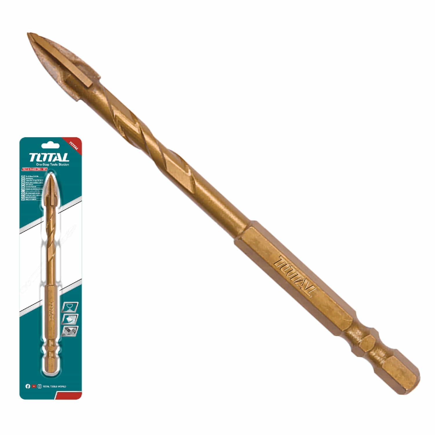 Broca Punta Flecha Para Vidrio Y Azulejos 6X74mm. Chapado en Titanio