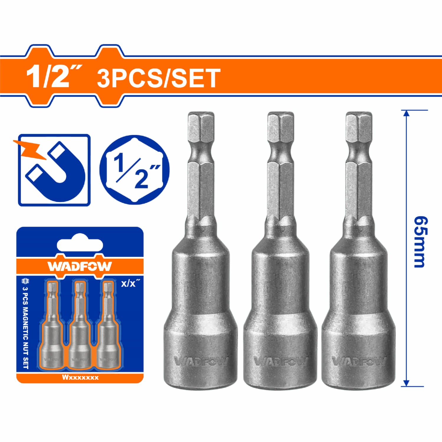 Copas Hexagonales Magnéticas 1/2" Hex Largo: 65mm Material:50BV30 Set de 3 Piezas.