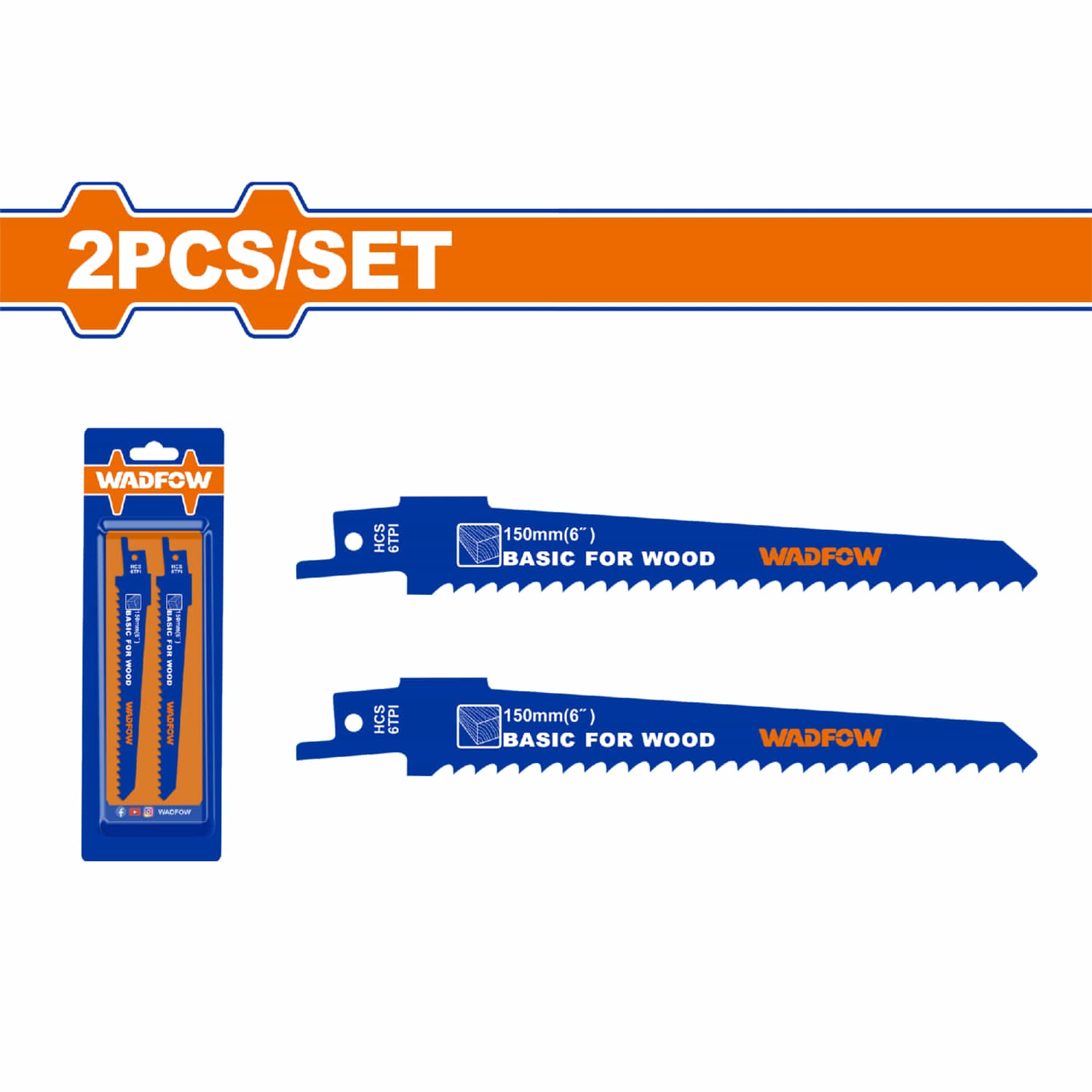 Hojas de Sierra sable para Madera. 6TPI. HCS. Fresado. Set de 2 piezas. 150mmx19mmx1.2mm.