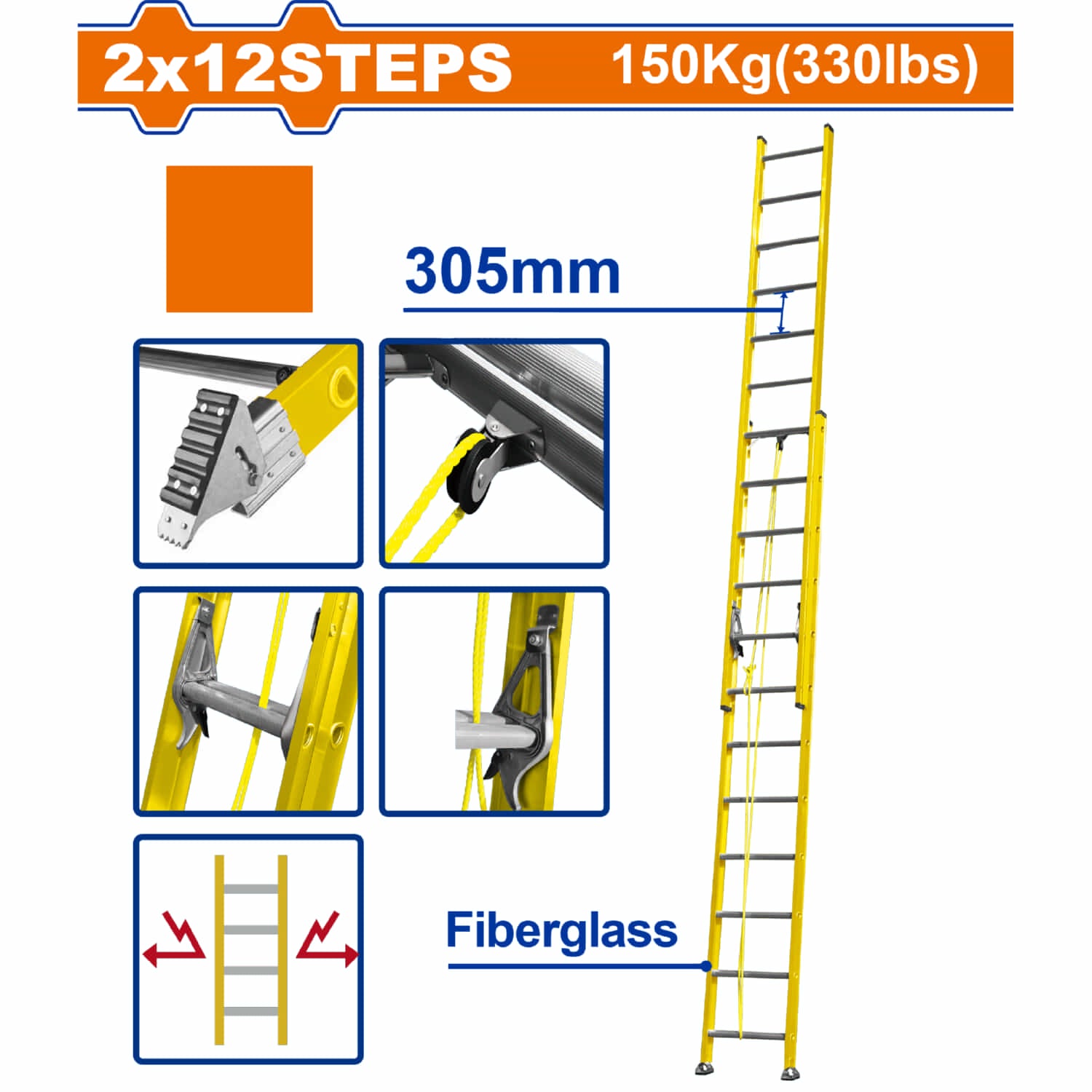 Escalera Extensible 2x12 de fibra de vidrio. Carga Máx. 150Kg Altura escalón 305mm.