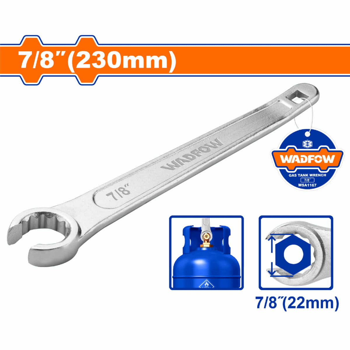 Llave para tanque de gas 9" 230mm. Tamaño: 7/8" (22mm). Cromado. Acero al carbono #45