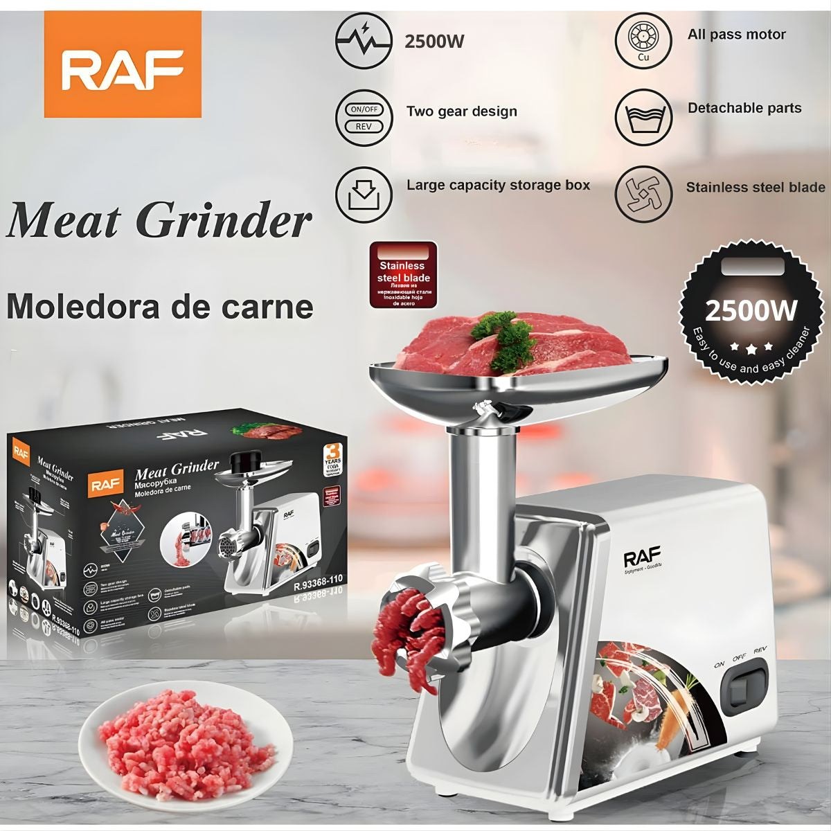 Moledora de Carne 2500W 110V/60Hz con Accesorios para Embutidos y Kebbe. Picadora de Carne