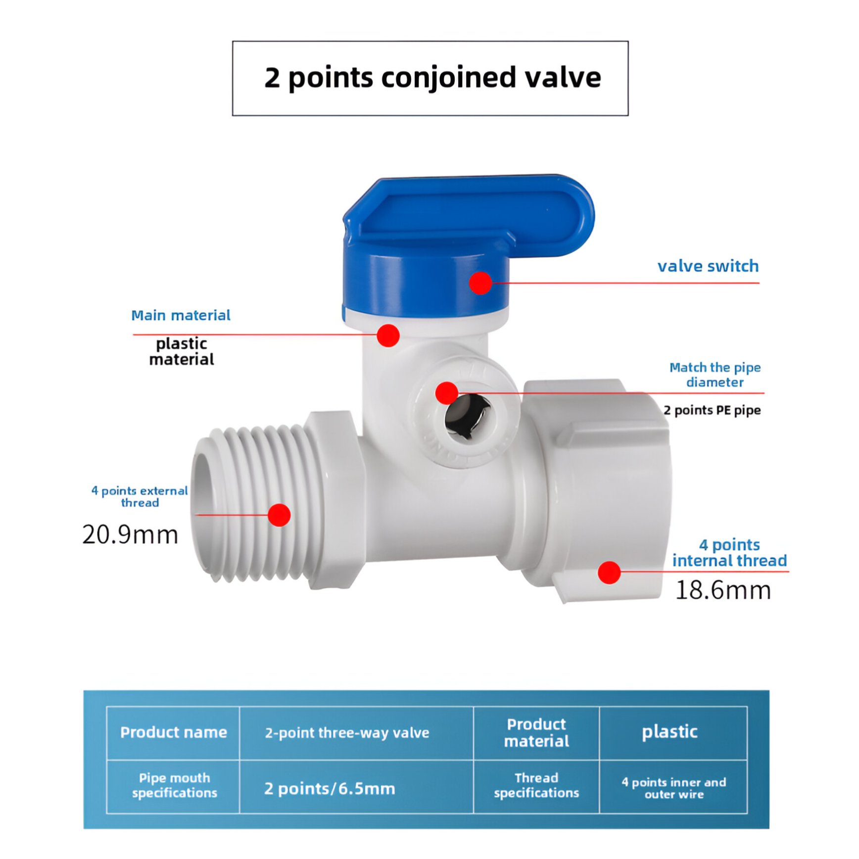 Válvula Plástica de 3 Vías, 2 Puntos. Adaptador tee de conexión rápida.