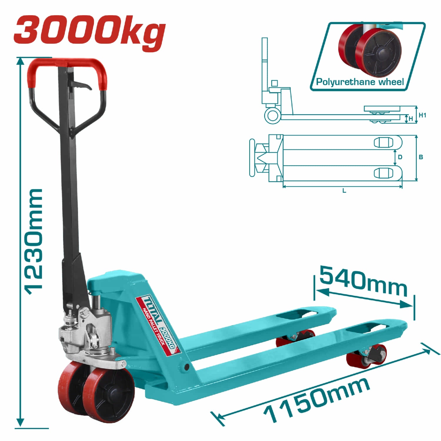 Transpaleta manual de 3000 Kg. Medidas de uñas. 540×1150mm Altura min/max de uña: 85-200mm. Jack pallet transpalet