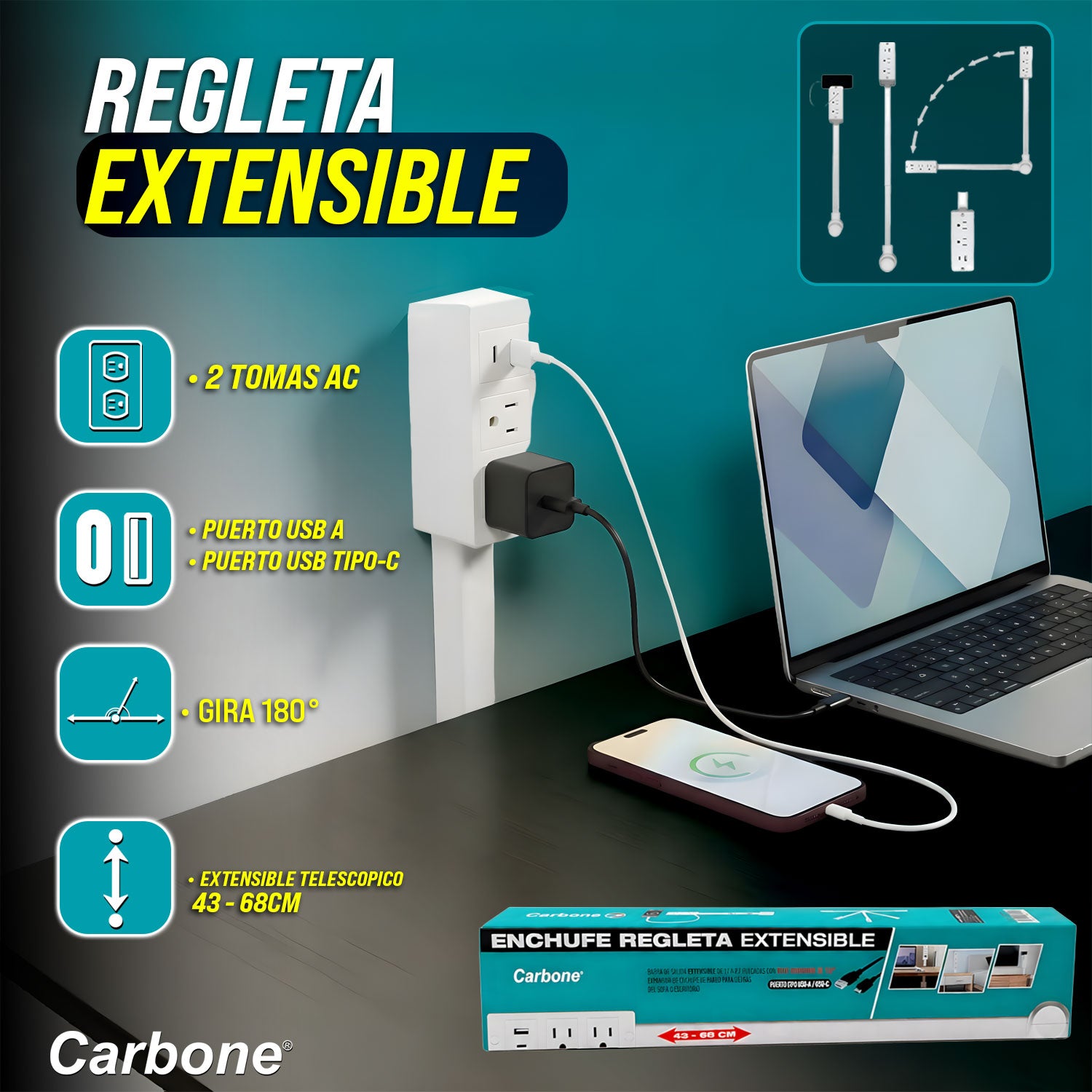 Enchufe regleta extensible de 43 a 68 cm. Con puerto USB y Tipo-C