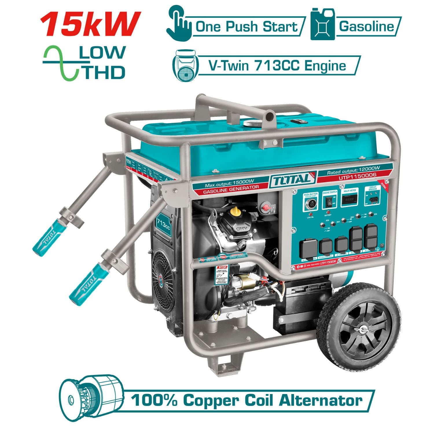 Generador a Gasolina 15,000 watts 15kW 110-120V 60Hz 3600rpm 40L Motor Bicilíndrico V. Encendido con botón. Planta